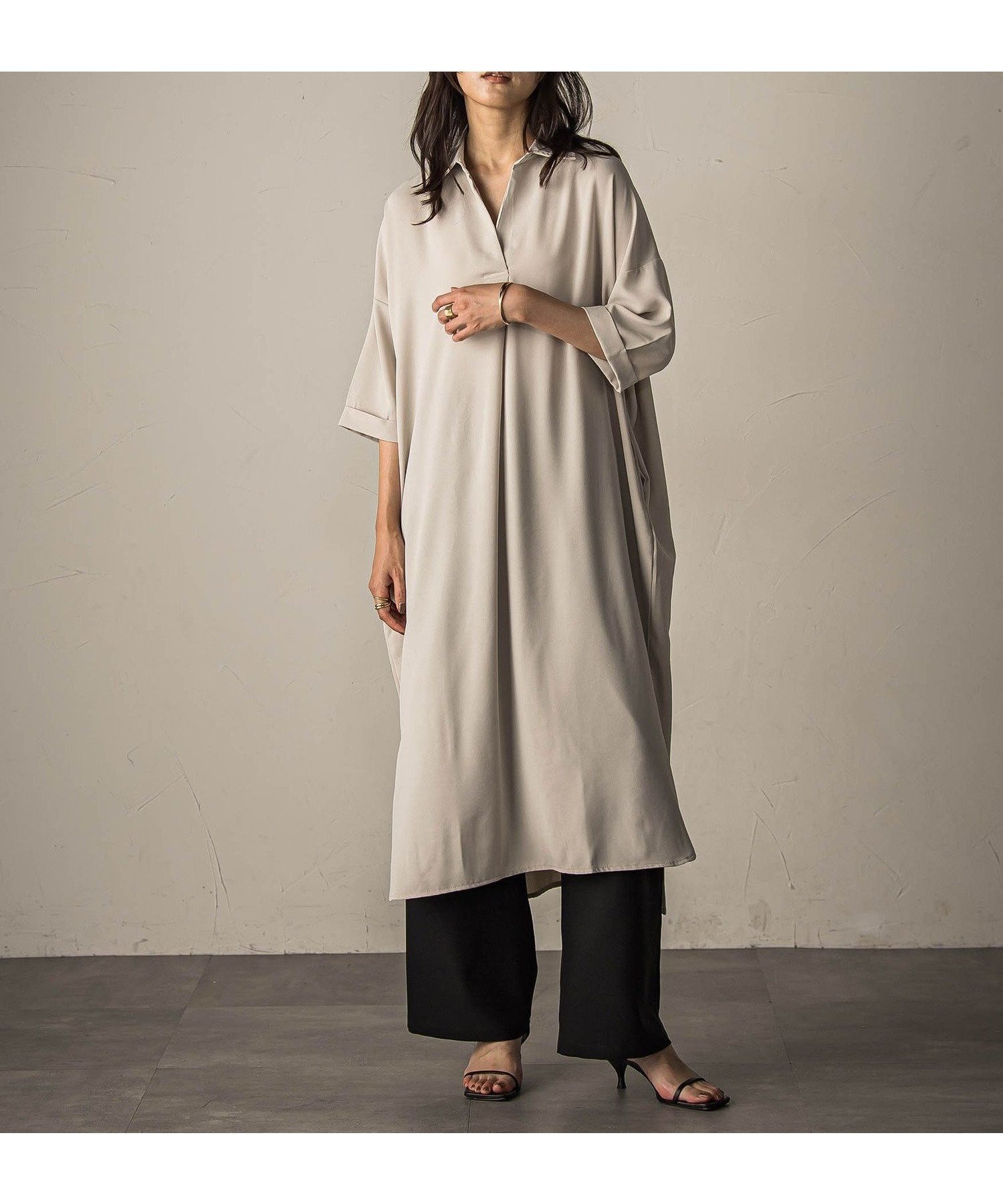 【メイソングレイ/MAYSON GREY】の【WEB限定】スキッパーチュニックワンピース≪洗濯機で洗える≫ インテリア・キッズ・メンズ・レディースファッション・服の通販 founy(ファニー) 　ファッション　Fashion　レディースファッション　Fashion for Women　ワンピース　Dresses　チュニック　Tunic Tops & Dresses　ジョーゼット　Georgette, Semi-Sheer Fabric　スキッパー　Skipper, Open Collar　洗える　Machine Washable　ベージュ|ID: prp329100004627608 ipo3291000000033261185
