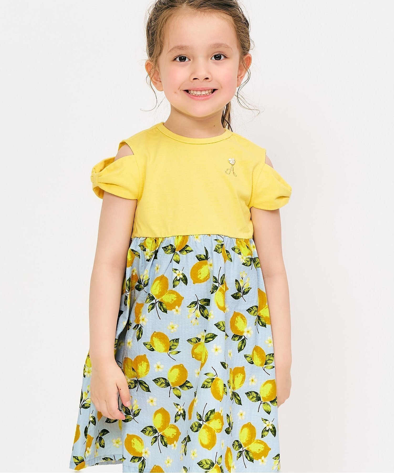 【エフオー オンラインストア/F.O.Online Store / KIDS】の【リンク】3柄オフショルリボンドッキングワンピース_RP インテリア・キッズ・メンズ・レディースファッション・服の通販 founy(ファニー) 　ファッション　Fashion　キッズファッション　Fashion for Kids　ワンピース　Dresses　プリント　Print, Printed Pattern　イエロー|ID: prp329100004627714 ipo3291000000033507102