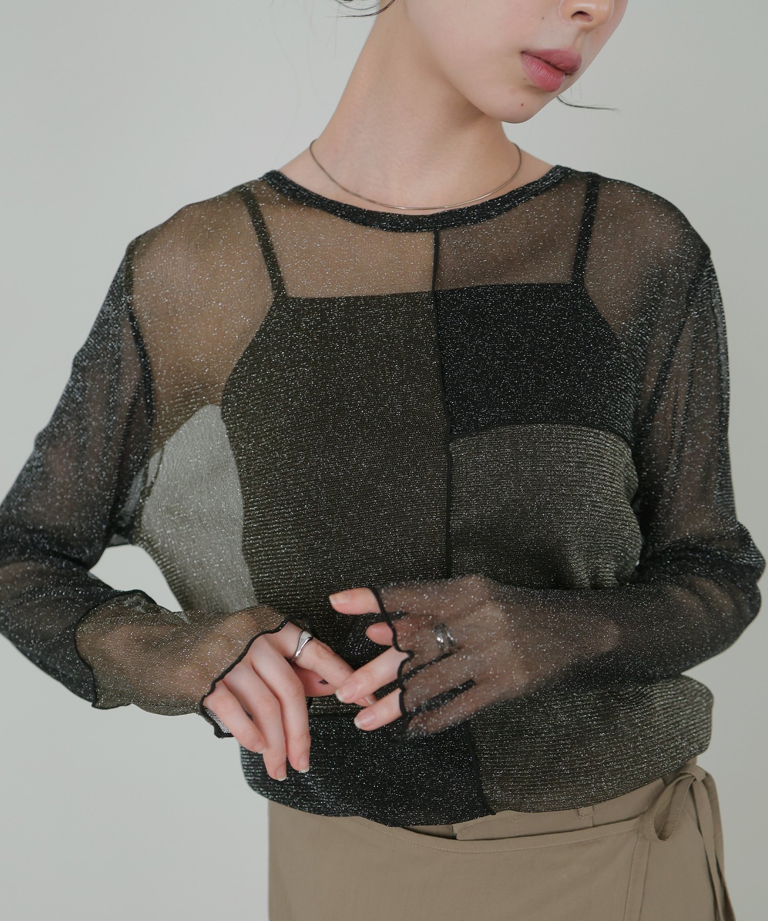 【リアン/Lian】のラメシアー配色トップス インテリア・キッズ・メンズ・レディースファッション・服の通販 founy(ファニー) 　ファッション　Fashion　レディースファッション　Fashion for Women　トップス・カットソー　Cut & Sew Tops　シアー　Sheer, See-Through　長袖　Long Sleeve, Full Sleeve　ブラック|ID: prp329100004628145 ipo3291000000033519345