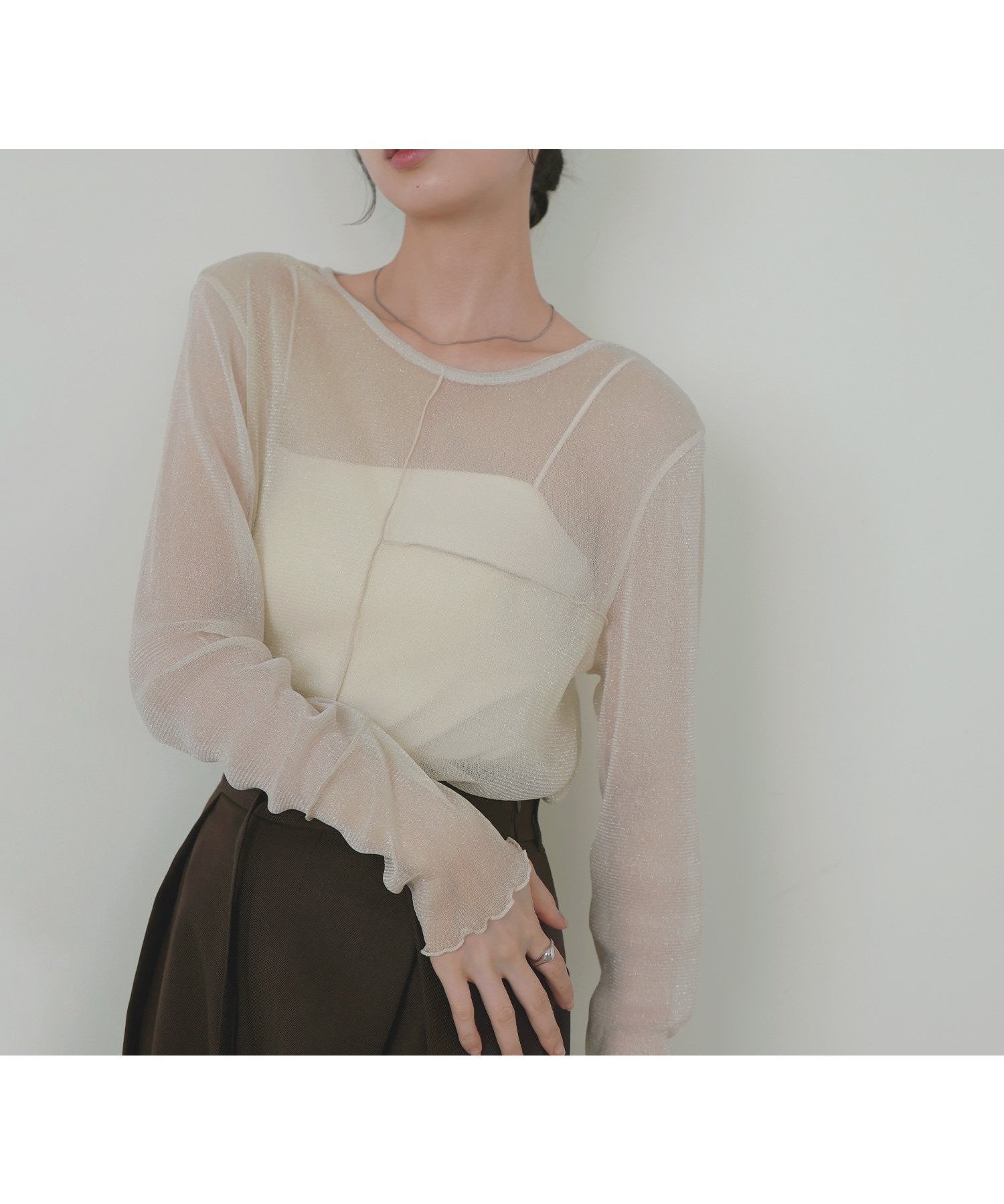 【リアン/Lian】のラメシアー配色トップス インテリア・キッズ・メンズ・レディースファッション・服の通販 founy(ファニー) 　ファッション　Fashion　レディースファッション　Fashion for Women　トップス・カットソー　Cut & Sew Tops　シアー　Sheer, See-Through　長袖　Long Sleeve, Full Sleeve　アイボリー|ID: prp329100004628145 ipo3291000000033519347