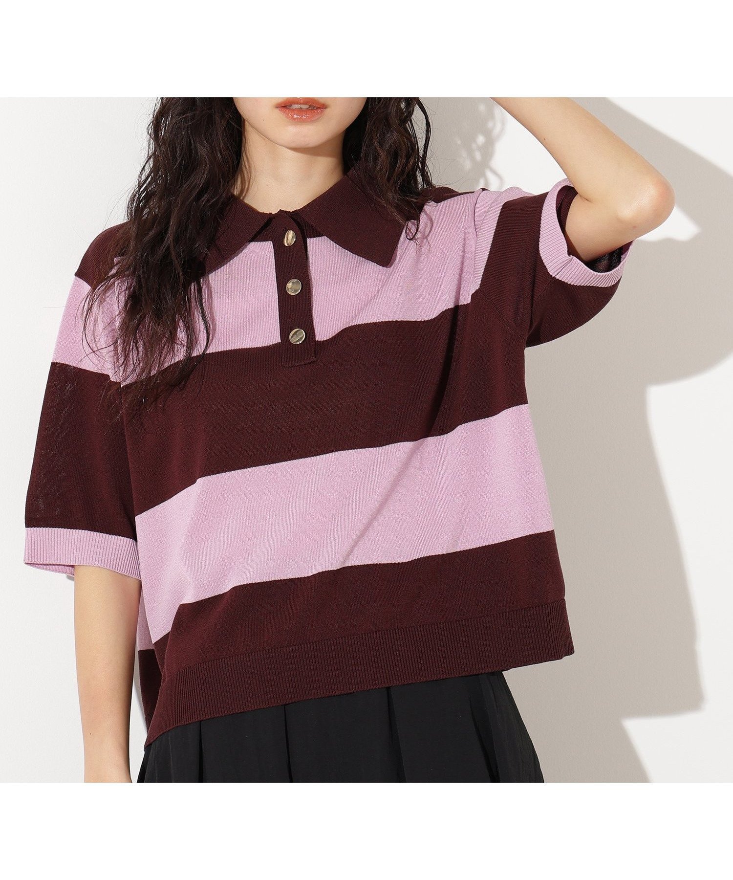 【エヌ ナチュラルビューティーベーシック/N.Natural Beauty basic】のボーダーポロニット インテリア・キッズ・メンズ・レディースファッション・服の通販 founy(ファニー) 　ファッション　Fashion　レディースファッション　Fashion for Women　トップス・カットソー　Cut & Sew Tops　ニット　Knit Tops & Sweaters　ブラウン×ピンク2|ID: prp329100004628674 ipo3291000000033277202