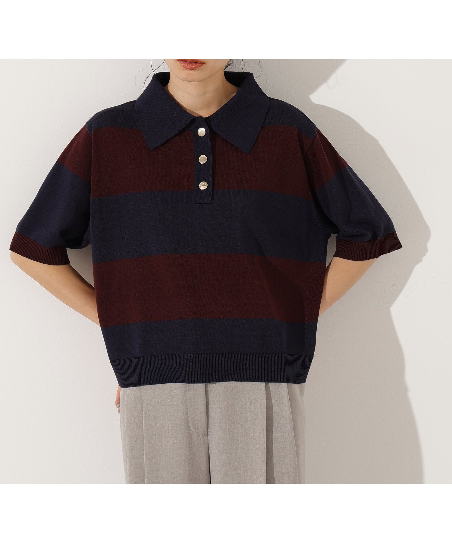 【エヌ ナチュラルビューティーベーシック/N.Natural Beauty basic】のボーダーポロニット インテリア・キッズ・メンズ・レディースファッション・服の通販 founy(ファニー) 　ファッション　Fashion　レディースファッション　Fashion for Women　トップス・カットソー　Cut & Sew Tops　ニット　Knit Tops & Sweaters　ネイビー×ブラウン2|ID: prp329100004628674 ipo3291000000033277204
