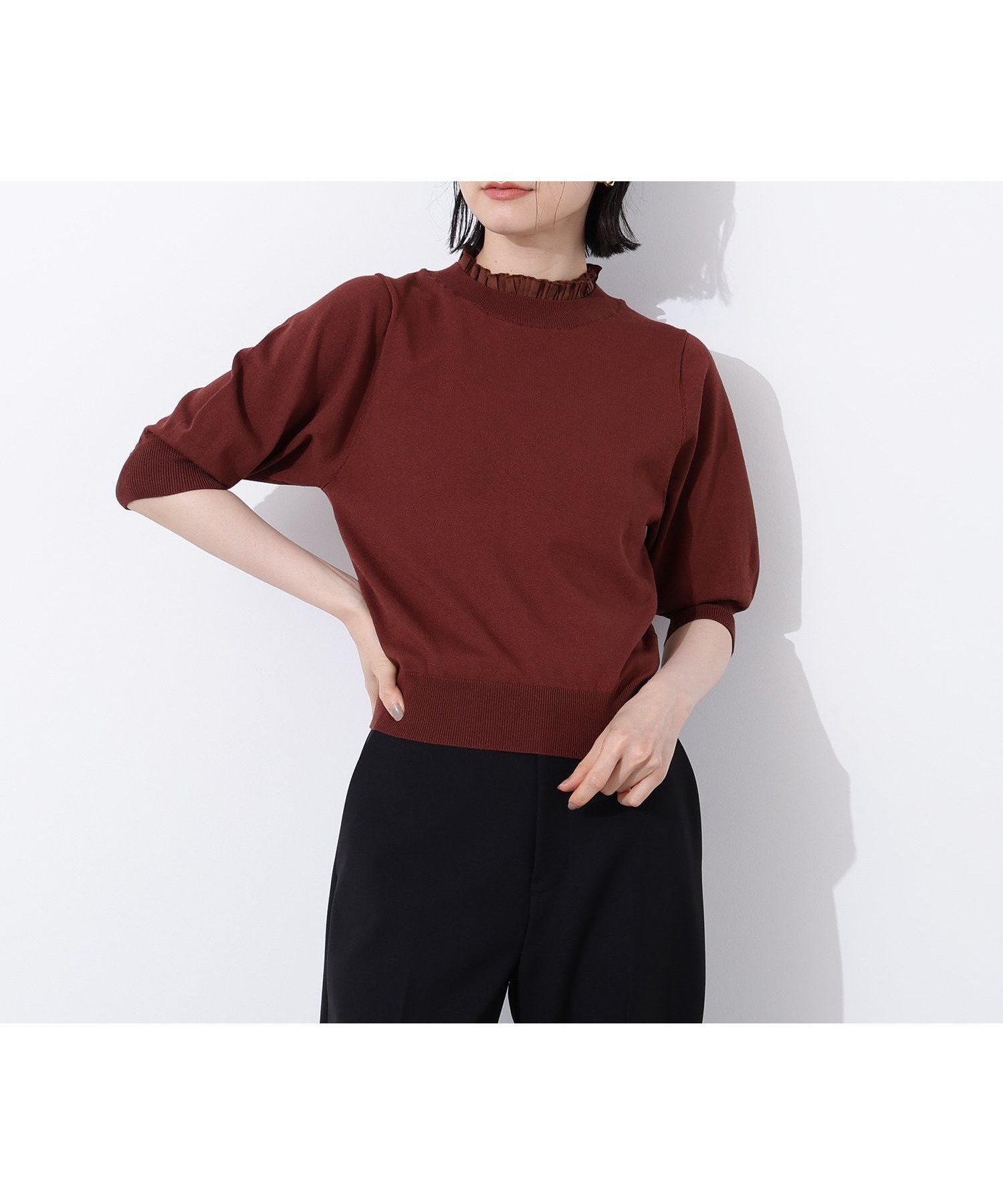 【エヌ ナチュラルビューティーベーシック/N.Natural Beauty basic】のフリルネックフォルムスリーブニット インテリア・キッズ・メンズ・レディースファッション・服の通販 founy(ファニー) 　ファッション　Fashion　レディースファッション　Fashion for Women　トップス・カットソー　Cut & Sew Tops　ニット　Knit Tops & Sweaters　コンパクト　Compact, Small Size　ストレッチ　Stretch, Stretchy Fabric　スリーブ　Sleeve, Long Sleeve / Short Sleeve　フィット　Fit, Slim Fit　フォルム　Silhouette, Form　フリル　Frill, Ruffle　プリーツ　Pleats, Pleated　夏　Summer　ブラウン1|ID: prp329100004628890 ipo3291000000033280633