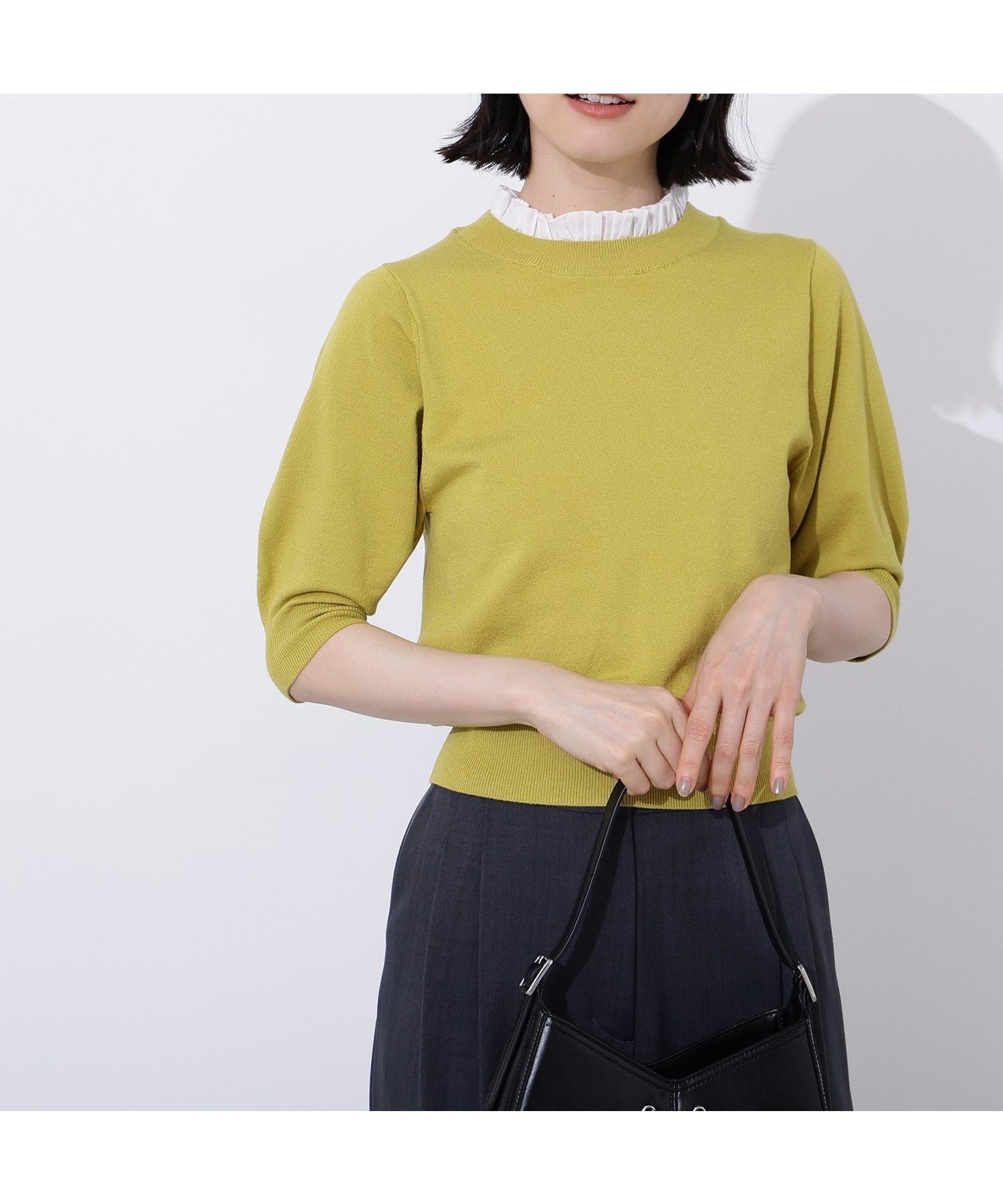 【エヌ ナチュラルビューティーベーシック/N.Natural Beauty basic】のフリルネックフォルムスリーブニット インテリア・キッズ・メンズ・レディースファッション・服の通販 founy(ファニー) 　ファッション　Fashion　レディースファッション　Fashion for Women　トップス・カットソー　Cut & Sew Tops　ニット　Knit Tops & Sweaters　コンパクト　Compact, Small Size　ストレッチ　Stretch, Stretchy Fabric　スリーブ　Sleeve, Long Sleeve / Short Sleeve　フィット　Fit, Slim Fit　フォルム　Silhouette, Form　フリル　Frill, Ruffle　プリーツ　Pleats, Pleated　夏　Summer　ライム×オフ2|ID: prp329100004628890 ipo3291000000033280635