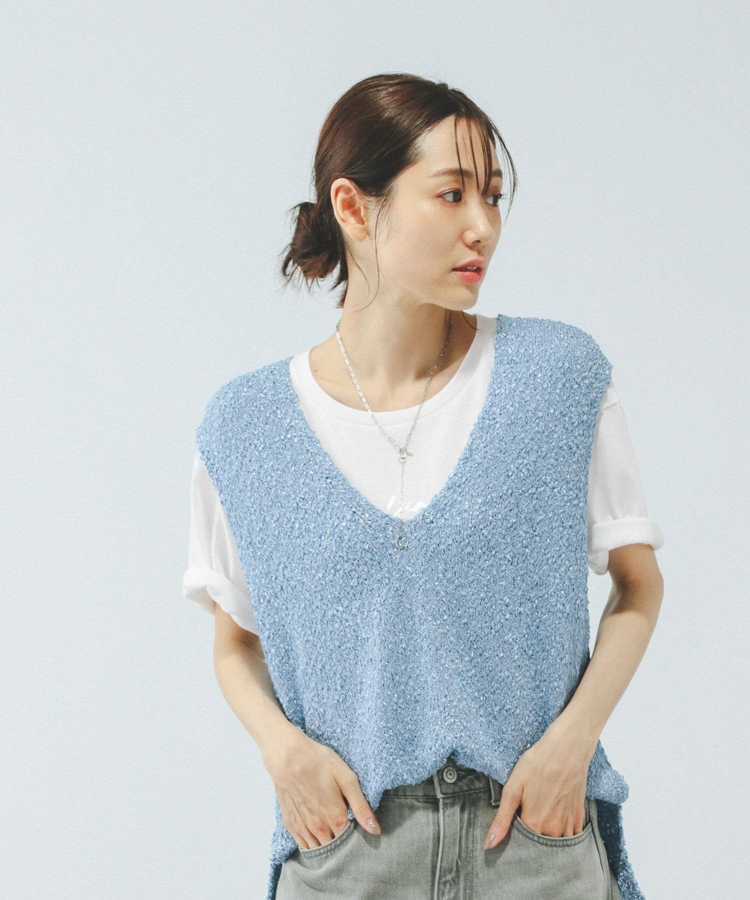 【グローバルワーク/GLOBAL WORK】のテープヤーンベスト*半袖Tシャツ/575209 インテリア・キッズ・メンズ・レディースファッション・服の通販 founy(ファニー) 　ファッション　Fashion　レディースファッション　Fashion for Women　アウター　Coat / Outerwear Collection　トップス・カットソー　Cut & Sew Tops　シャツ・ブラウス・オフィスカジュアル　Elegant Blouses & Button-Ups　ロングTシャツ・Tシャツ　Longline T-Shirts & Tees　ベスト&ジレ / 重ね着スタイル　Vests & Gilets　おすすめ　Recommended / Our Picks　デニム　Denim, Jeans Material　トレンド　Trend, Trending Now　プリント　Print, Printed Pattern　ベスト　Vest, Waistcoat　ワイド　Wide, Wide Fit　半袖　Short Sleeve, Half Sleeve　ライトブルー83|ID: prp329100004628918 ipo3291000000033569356