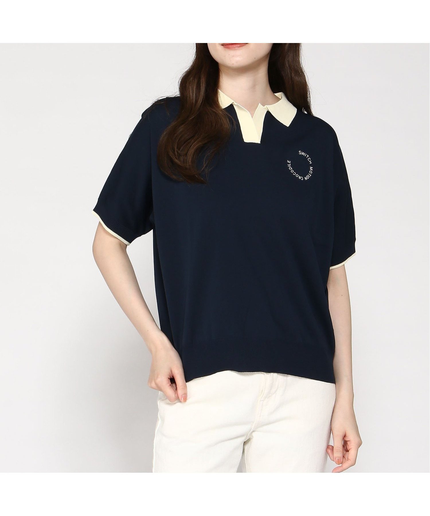 【クロコダイル/CROCODILE】のスキッパー ニット ポロシャツ【ZERO POLO】 インテリア・キッズ・メンズ・レディースファッション・服の通販 founy(ファニー) 　ファッション　Fashion　レディースファッション　Fashion for Women　トップス・カットソー　Cut & Sew Tops　ニット　Knit Tops & Sweaters　シャツ・ブラウス・オフィスカジュアル　Elegant Blouses & Button-Ups　ポロシャツ・きれいめカジュアル　Smart-Casual Polo Tops　スキッパー　Skipper, Open Collar　ポロシャツ　Polo Shirt, Collared Tee　ワイド　Wide, Wide Fit　ネイビー|ID: prp329100004629097 ipo3291000000033282847