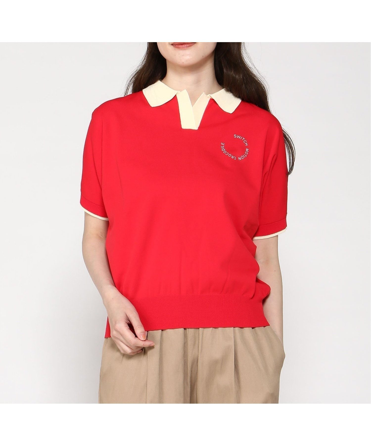 【クロコダイル/CROCODILE】のスキッパー ニット ポロシャツ【ZERO POLO】 インテリア・キッズ・メンズ・レディースファッション・服の通販 founy(ファニー) 　ファッション　Fashion　レディースファッション　Fashion for Women　トップス・カットソー　Cut & Sew Tops　ニット　Knit Tops & Sweaters　シャツ・ブラウス・オフィスカジュアル　Elegant Blouses & Button-Ups　ポロシャツ・きれいめカジュアル　Smart-Casual Polo Tops　スキッパー　Skipper, Open Collar　ポロシャツ　Polo Shirt, Collared Tee　ワイド　Wide, Wide Fit　レッド|ID: prp329100004629097 ipo3291000000033282848