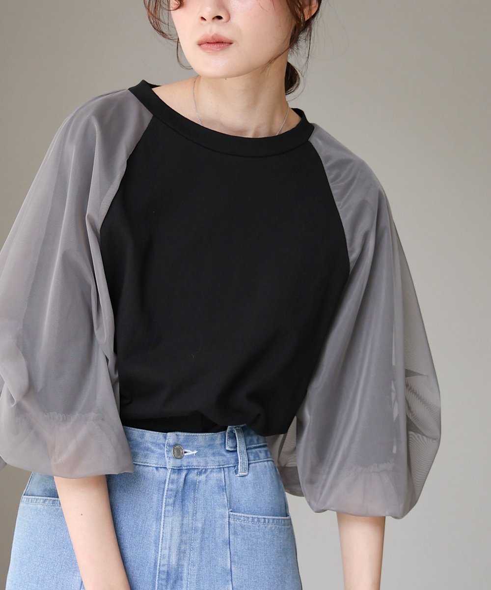 【バブ ブージュルード/Bab Bou Jeloud】のチュールバルーンスリーブシャツ インテリア・キッズ・メンズ・レディースファッション・服の通販 founy(ファニー) 　ファッション　Fashion　レディースファッション　Fashion for Women　トップス・カットソー　Cut & Sew Tops　シャツ・ブラウス・オフィスカジュアル　Elegant Blouses & Button-Ups　ギャザー　Gathered, Ruffled　スラックス　Slacks, Dress Pants　スリーブ　Sleeve, Long Sleeve / Short Sleeve　チュール　Tulip, Tulip Motif　デニム　Denim, Jeans Material　フェミニン　Feminine, Girly　ルーズ　Loose, Oversized　BLACK|ID: prp329100004629183 ipo3291000000033283777