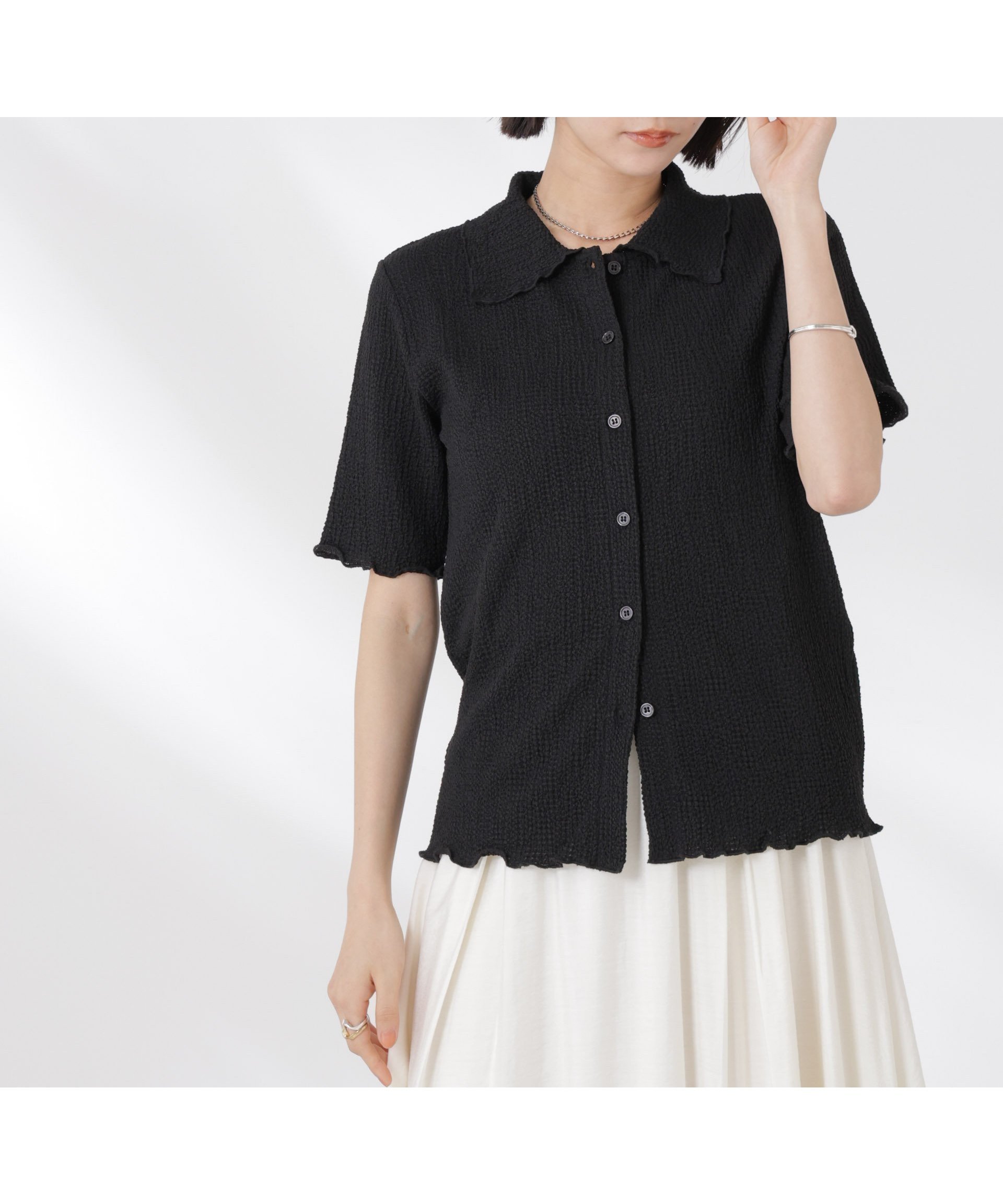 【ナノ ユニバース/nano universe】の衿付カットジャガードメロートップス インテリア・キッズ・メンズ・レディースファッション・服の通販 founy(ファニー) 　ファッション　Fashion　レディースファッション　Fashion for Women　トップス・カットソー　Cut & Sew Tops　シンプル　Simple, Minimal　スキッパー　Skipper, Open Collar　タイトスカート　Pencil Skirt, Tight Skirt　デニム　Denim, Jeans Material　トレンド　Trend, Trending Now　フェミニン　Feminine, Girly　ベーシック　Basic, Essential　ワイド　Wide, Wide Fit　2025年　2025　2025春夏・S/S　Spring/Summer 2025 SS25　ブラック|ID: prp329100004629201 ipo3291000000033283979