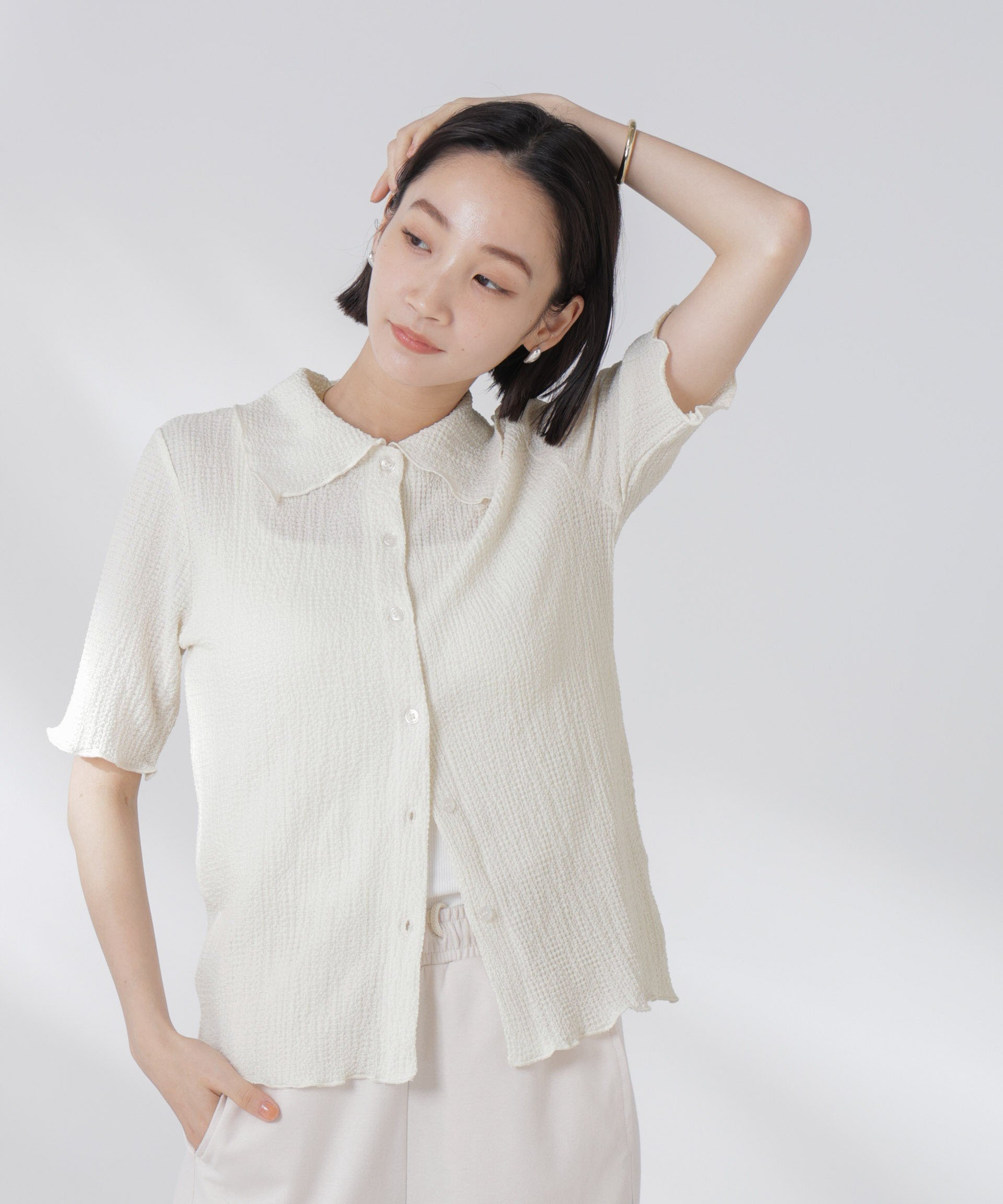 【ナノ ユニバース/nano universe】の衿付カットジャガードメロートップス インテリア・キッズ・メンズ・レディースファッション・服の通販 founy(ファニー) 　ファッション　Fashion　レディースファッション　Fashion for Women　トップス・カットソー　Cut & Sew Tops　シンプル　Simple, Minimal　スキッパー　Skipper, Open Collar　タイトスカート　Pencil Skirt, Tight Skirt　デニム　Denim, Jeans Material　トレンド　Trend, Trending Now　フェミニン　Feminine, Girly　ベーシック　Basic, Essential　ワイド　Wide, Wide Fit　2025年　2025　2025春夏・S/S　Spring/Summer 2025 SS25　アイボリー7|ID: prp329100004629201 ipo3291000000033283980