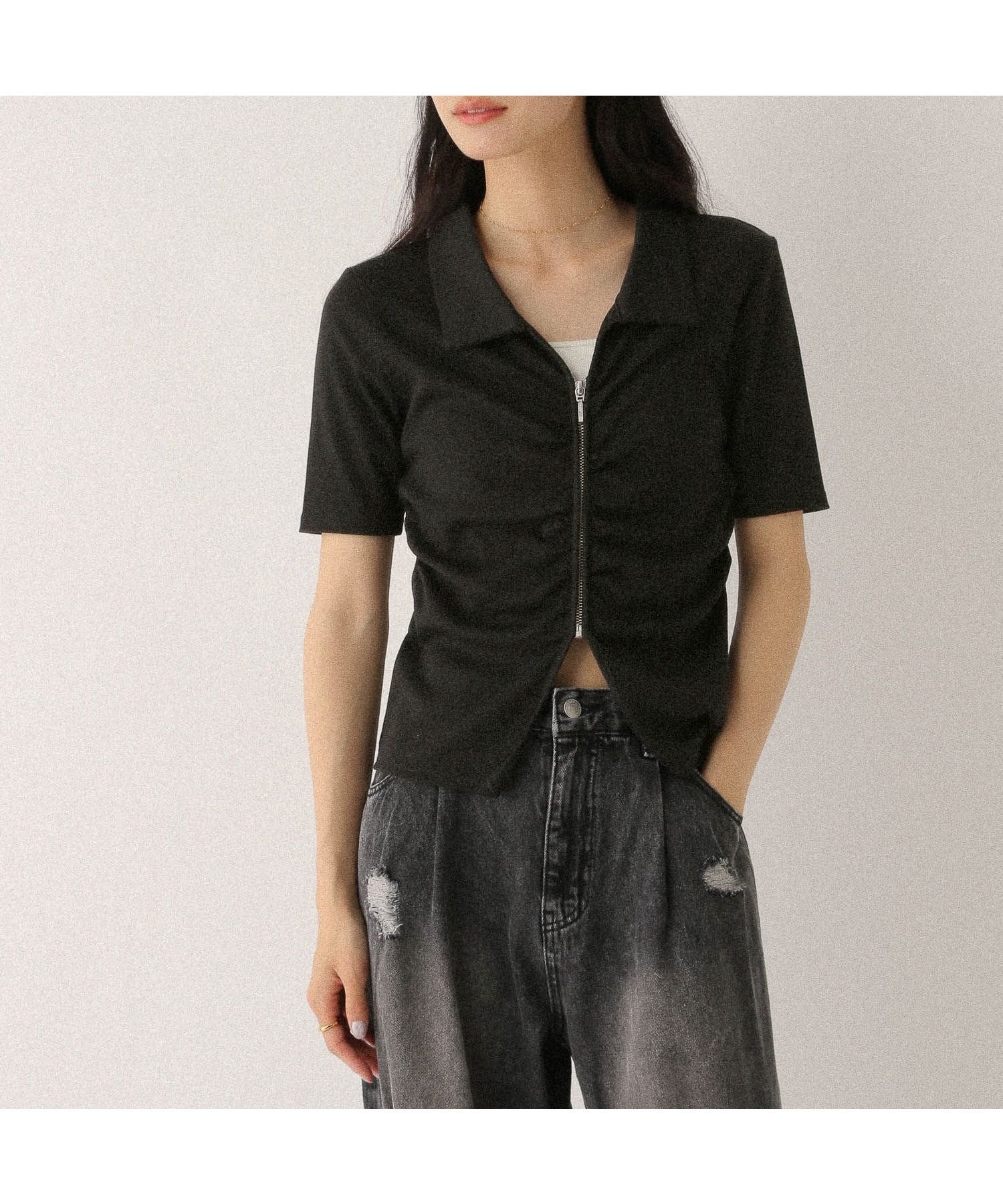 【ヘザー/Heather】のフロントギャザーZIPTEE インテリア・キッズ・メンズ・レディースファッション・服の通販 founy(ファニー) 　ファッション　Fashion　レディースファッション　Fashion for Women　おすすめ　Recommended / Our Picks　インナー　Innerwear　カットソー　Cut and Sewn Top　ギャザー　Gathered, Ruffled　フィット　Fit, Slim Fit　フロント　Front, Front Design　半袖　Short Sleeve, Half Sleeve　夏　Summer　春　Spring　ブラック|ID: prp329100004629231 ipo3291000000033402049