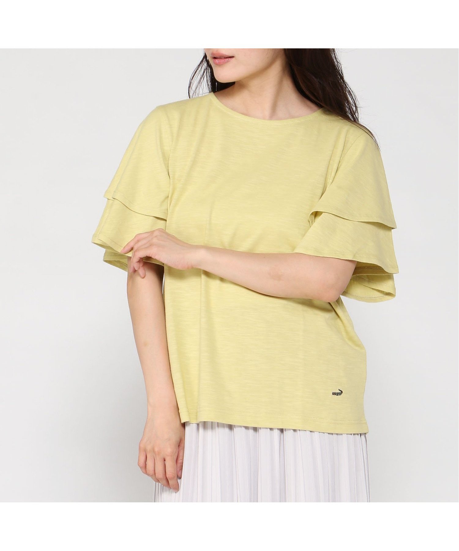【クロコダイル/CROCODILE】のスラブ天竺 フリルスリーブ Tシャツ インテリア・キッズ・メンズ・レディースファッション・服の通販 founy(ファニー) 　ファッション　Fashion　レディースファッション　Fashion for Women　トップス・カットソー　Cut & Sew Tops　シャツ・ブラウス・オフィスカジュアル　Elegant Blouses & Button-Ups　ロングTシャツ・Tシャツ　Longline T-Shirts & Tees　スリーブ　Sleeve, Long Sleeve / Short Sleeve　フリル　Frill, Ruffle　夏　Summer　ライトグリーン|ID: prp329100004629238 ipo3291000000033284371