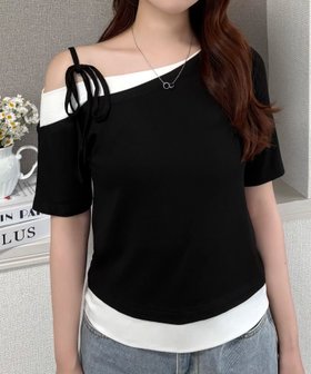 【ジュノア/JUNOAH】のリボンワンショルレイヤードTシャツ 人気、トレンドファッション・服の通販 founy(ファニー) ファッション Fashion レディースファッション Fashion for Women トップス・カットソー Cut & Sew Tops シャツ・ブラウス・オフィスカジュアル Elegant Blouses & Button-Ups ロングTシャツ・Tシャツ Longline T-Shirts & Tees |ID:prp329100004629264