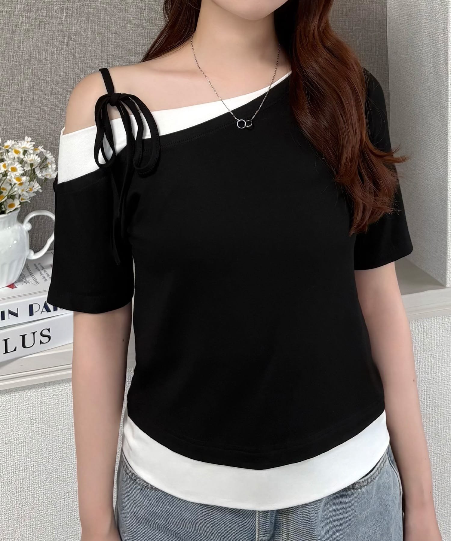 【ジュノア/JUNOAH】のリボンワンショルレイヤードTシャツ 人気、トレンドファッション・服の通販 founy(ファニー) 　ファッション　Fashion　レディースファッション　Fashion for Women　トップス・カットソー　Cut & Sew Tops　シャツ・ブラウス・オフィスカジュアル　Elegant Blouses & Button-Ups　ロングTシャツ・Tシャツ　Longline T-Shirts & Tees　 other-1|ID: prp329100004629264 ipo3291000000033284606