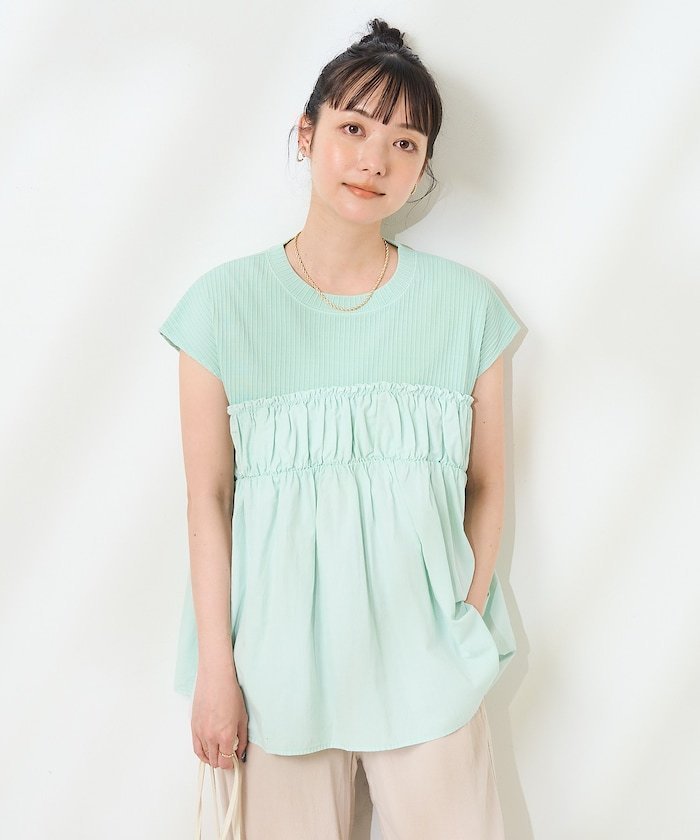 【フリークスストア/FREAK'S STORE】のアーミーリブ コンビピグメント フレンチスリーブTシャツ 25SS インテリア・キッズ・メンズ・レディースファッション・服の通販 founy(ファニー) 　ファッション　Fashion　レディースファッション　Fashion for Women　トップス・カットソー　Cut & Sew Tops　シャツ・ブラウス・オフィスカジュアル　Elegant Blouses & Button-Ups　ロングTシャツ・Tシャツ　Longline T-Shirts & Tees　2025年　2025　2025春夏・S/S　Spring/Summer 2025 SS25　スリーブ　Sleeve, Long Sleeve / Short Sleeve　ドッキング　Docking, Mixed Material　フェミニン　Feminine, Girly　フレンチ　French, French Style　夏　Summer　S/S・春夏　SS, Spring/Summer, Warm Season　ブルーグリーン|ID: prp329100004629303 ipo3291000000033284984