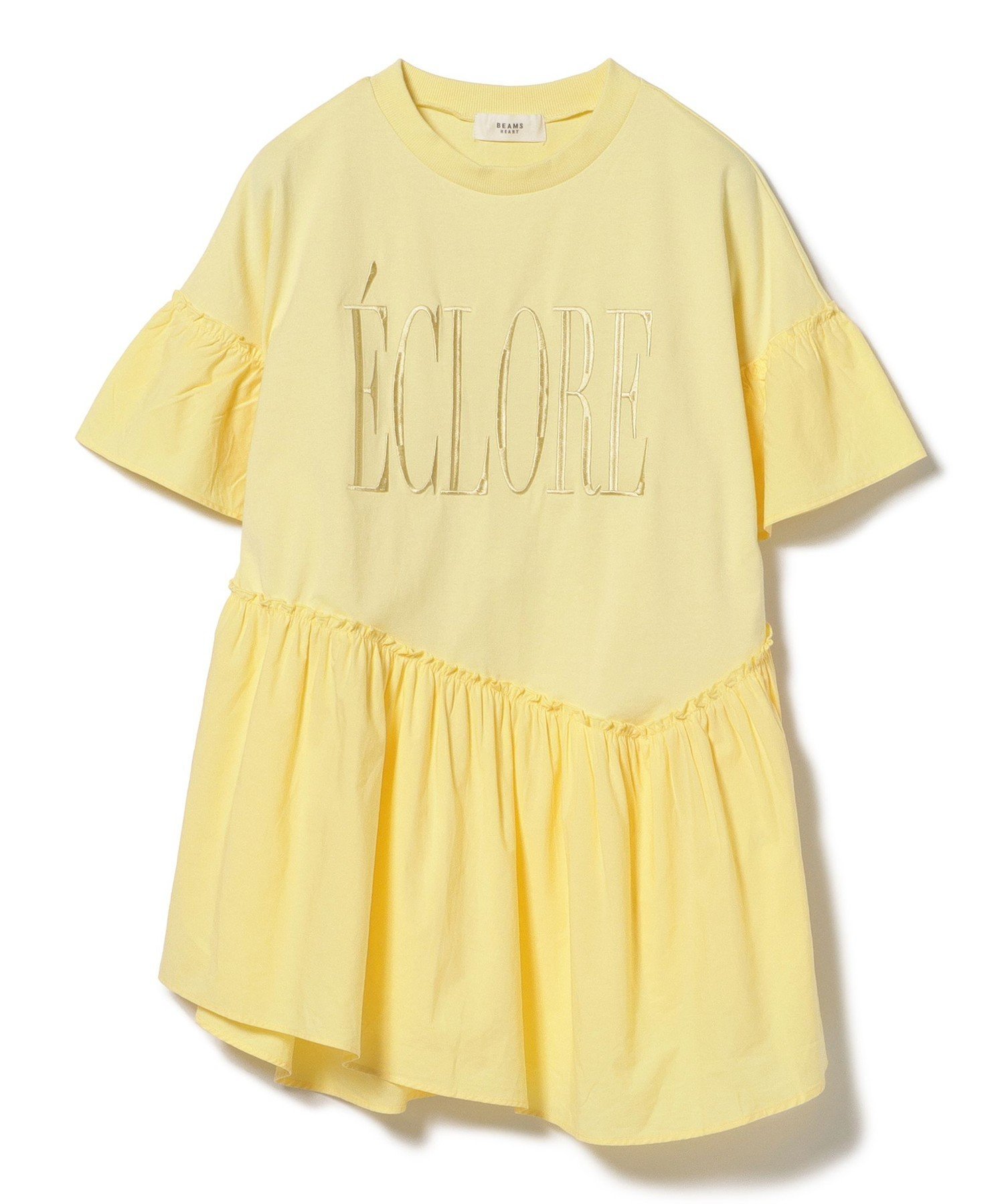 【ビームス ハート/BEAMS HEART】の異素材 刺繍 ロゴ Tシャツ インテリア・キッズ・メンズ・レディースファッション・服の通販 founy(ファニー) 　ファッション　Fashion　レディースファッション　Fashion for Women　トップス・カットソー　Cut & Sew Tops　シャツ・ブラウス・オフィスカジュアル　Elegant Blouses & Button-Ups　ロングTシャツ・Tシャツ　Longline T-Shirts & Tees　アシンメトリー　Asymmetrical Style　カットソー　Cut and Sewn Top　サンダル　Sandals, Summer Shoes　シンプル　Simple, Minimal　スニーカー　Sneakers, Trainers　デニム　Denim, Jeans Material　ドッキング　Docking, Mixed Material　バランス　Balance, Style Balance　ロング　Long, Long-Length　YELLOW|ID: prp329100004629692 ipo3291000000033605634