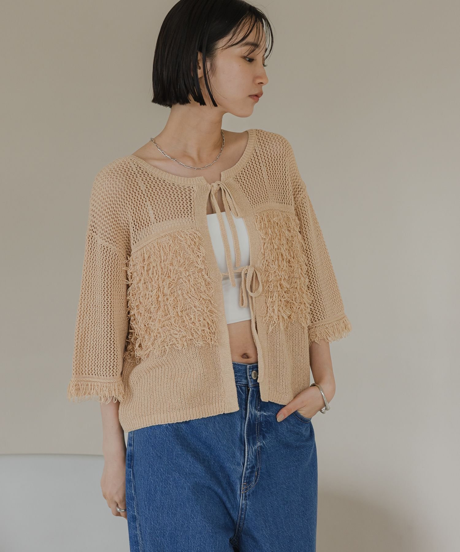 【ローリーズファーム/LOWRYS FARM】のフリンジ2WAYカーディガン インテリア・キッズ・メンズ・レディースファッション・服の通販 founy(ファニー) 　ファッション　Fashion　レディースファッション　Fashion for Women　トップス・カットソー　Cut & Sew Tops　カーディガン・羽織り　Layered Style Cardigans　おすすめ　Recommended / Our Picks　インナー　Innerwear　カーディガン　Cardigan, Knitwear　キャミ　Camisole, Cami Top　シンプル　Simple, Minimal　タンク　Tank Top, Sleeveless Top　デニム　Denim, Jeans Material　トレンド　Trend, Trending Now　フリンジ　Fringe, Tassel　ボトム　Bottoms, Lower Wear　メッシュ　Mesh, Net Fabric　夏　Summer　ベージュ51|ID: prp329100004629722 ipo3291000000033441940