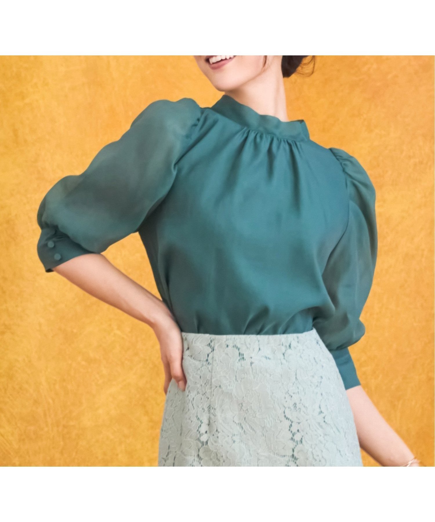 【ドレス/DRESS+】のブラウス リボンカラー 七分袖 シアー素材 裏地付き インテリア・キッズ・メンズ・レディースファッション・服の通販 founy(ファニー) 　ファッション　Fashion　レディースファッション　Fashion for Women　トップス・カットソー　Cut & Sew Tops　シャツ・ブラウス・オフィスカジュアル　Elegant Blouses & Button-Ups　インナー　Innerwear　オーガンジー　Organza Fabric　カフス　Cuff Design　ガーリー　Girly, Feminine Style　シアー　Sheer, See-Through　スリーブ　Sleeve, Long Sleeve / Short Sleeve　ハイネック　High Neck, Mock Neck　フェミニン　Feminine, Girly　ボトム　Bottoms, Lower Wear　リボン　Ribbon, Bow　グリーン|ID: prp329100004629745 ipo3291000000033294164