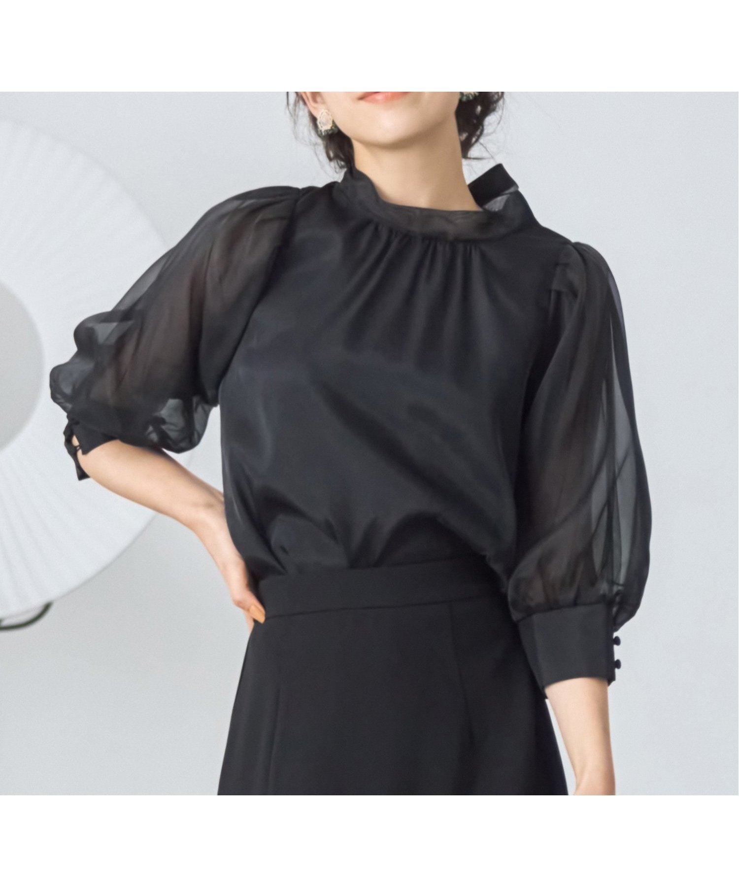 【ドレス/DRESS+】のブラウス リボンカラー 七分袖 シアー素材 裏地付き インテリア・キッズ・メンズ・レディースファッション・服の通販 founy(ファニー) 　ファッション　Fashion　レディースファッション　Fashion for Women　トップス・カットソー　Cut & Sew Tops　シャツ・ブラウス・オフィスカジュアル　Elegant Blouses & Button-Ups　インナー　Innerwear　オーガンジー　Organza Fabric　カフス　Cuff Design　ガーリー　Girly, Feminine Style　シアー　Sheer, See-Through　スリーブ　Sleeve, Long Sleeve / Short Sleeve　ハイネック　High Neck, Mock Neck　フェミニン　Feminine, Girly　ボトム　Bottoms, Lower Wear　リボン　Ribbon, Bow　ブラック|ID: prp329100004629745 ipo3291000000033294167