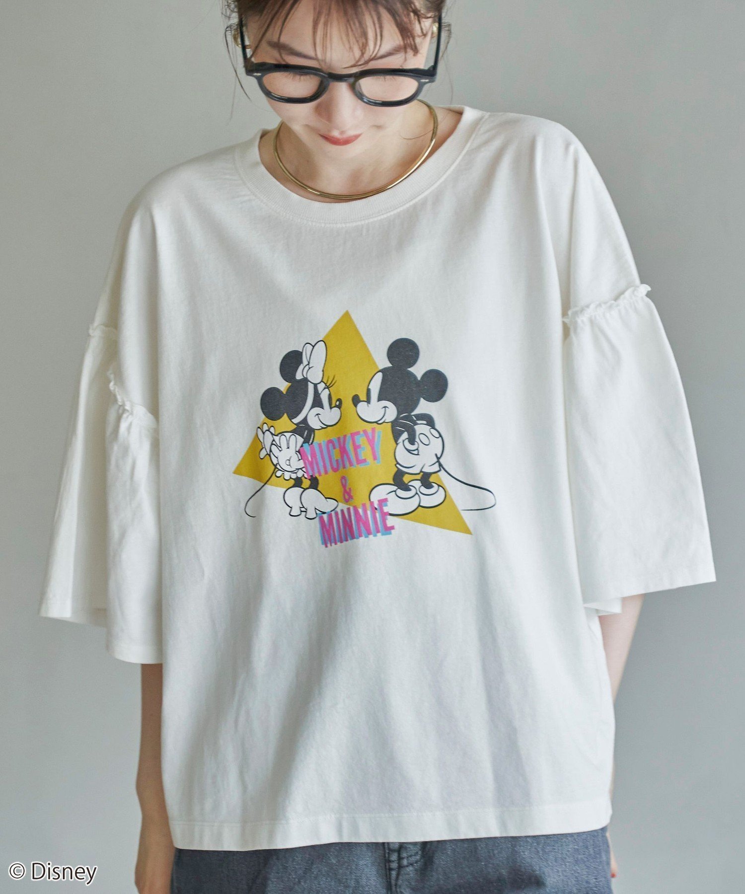 【コーエン/COEN】の【MICKEY(ミッキー) / 別注】ミッキー ミニー袖フレアTシャツ インテリア・キッズ・メンズ・レディースファッション・服の通販 founy(ファニー) 　ファッション　Fashion　レディースファッション　Fashion for Women　トップス・カットソー　Cut & Sew Tops　シャツ・ブラウス・オフィスカジュアル　Elegant Blouses & Button-Ups　ロングTシャツ・Tシャツ　Longline T-Shirts & Tees　コンパクト　Compact, Small Size　サテン　Satin, Glossy Fabric　スリーブ　Sleeve, Long Sleeve / Short Sleeve　デニム　Denim, Jeans Material　フレア　Flare, Flared　プリント　Print, Printed Pattern　ボトム　Bottoms, Lower Wear　別注　Limited Edition, Custom Order　OFF WHITE|ID: prp329100004631288 ipo3291000000033321711