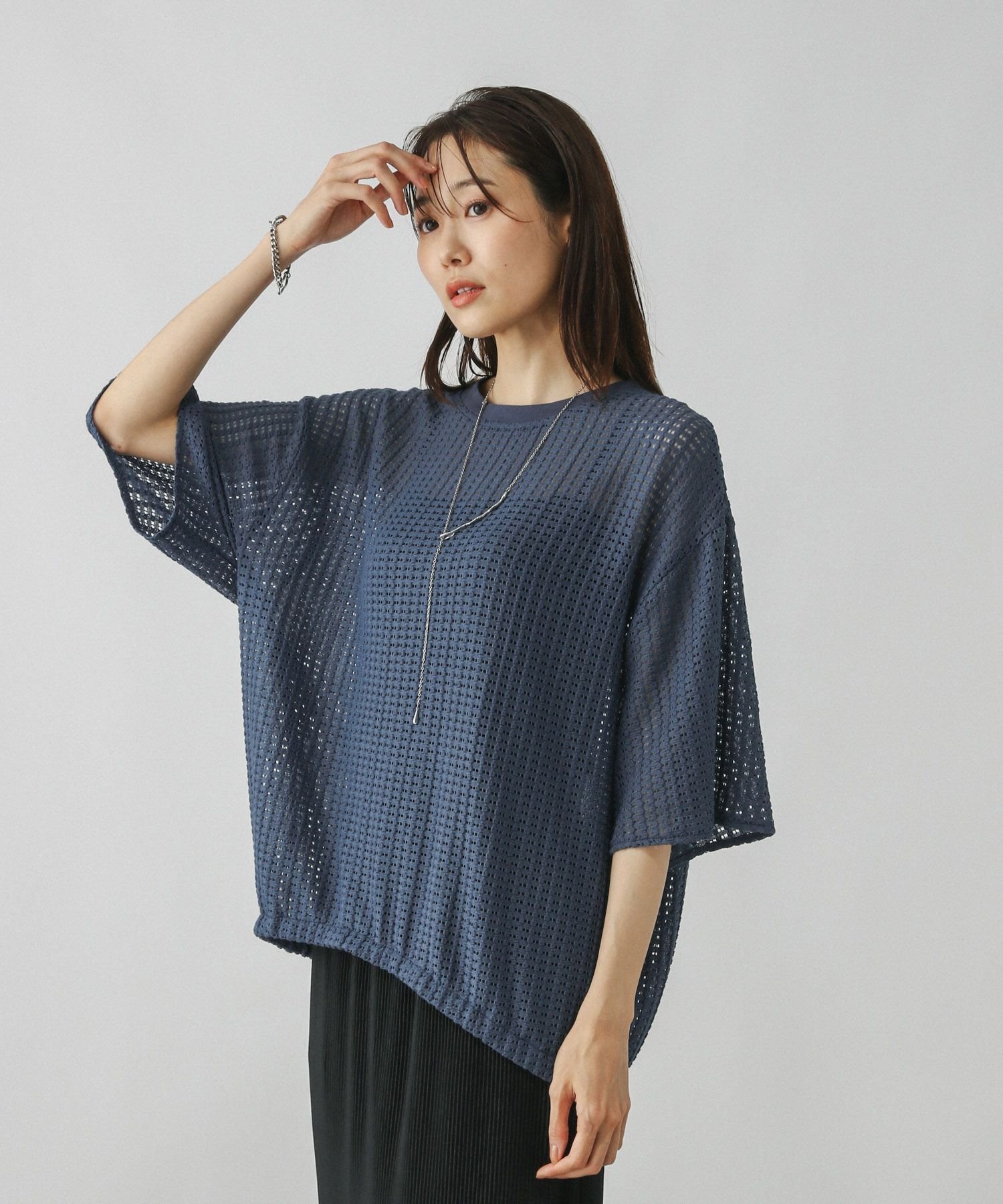 【グローバルワーク/GLOBAL WORK】のシアーラッセルドロストプルオーバー/577738 インテリア・キッズ・メンズ・レディースファッション・服の通販 founy(ファニー) 　ファッション　Fashion　レディースファッション　Fashion for Women　トップス・カットソー　Cut & Sew Tops　カジュアルプルオーバー・ニットトップス　Pullovers & Knit Tops / Casual Pullovers　おすすめ　Recommended / Our Picks　インナー　Innerwear　キャミソール　Camisole, Spaghetti Strap Top　シアー　Sheer, See-Through　デニム　Denim, Jeans Material　ネックレス　Necklace, Pendant Necklace　パール　Pearl, Pearl Accent　メッシュ　Mesh, Net Fabric　ラッセル　Raschel, Raschel Lace　アッシュブルー83|ID: prp329100004631445 ipo3291000000033596333