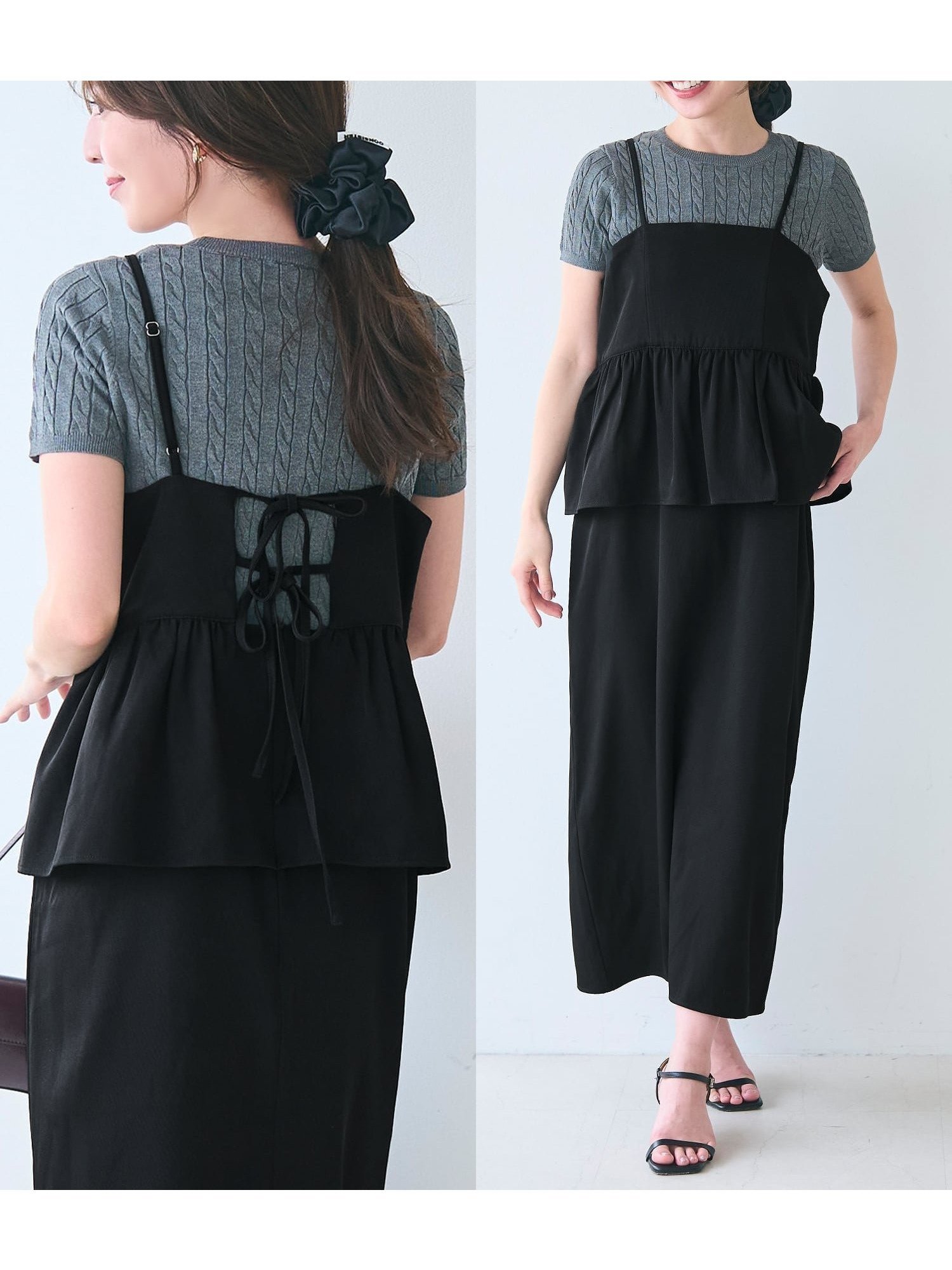 【コカ/COCA】のツイルペプラムキャミワンピース インテリア・キッズ・メンズ・レディースファッション・服の通販 founy(ファニー) 　ファッション　Fashion　レディースファッション　Fashion for Women　ワンピース　Dresses　キャミソールワンピース　Camisole Dresses　インナー　Innerwear　スリット　Slit, Slit Detail　とろみ　Fluid, Flowy Fabric　フェミニン　Feminine, Girly　ペプラム　Peplum, Flared Hem　ポケット　Pocket, Pocket Detail　リボン　Ribbon, Bow　ロング　Long, Long-Length　エレガント 上品　Elegant　Black|ID: prp329100004631456 ipo3291000000033585120