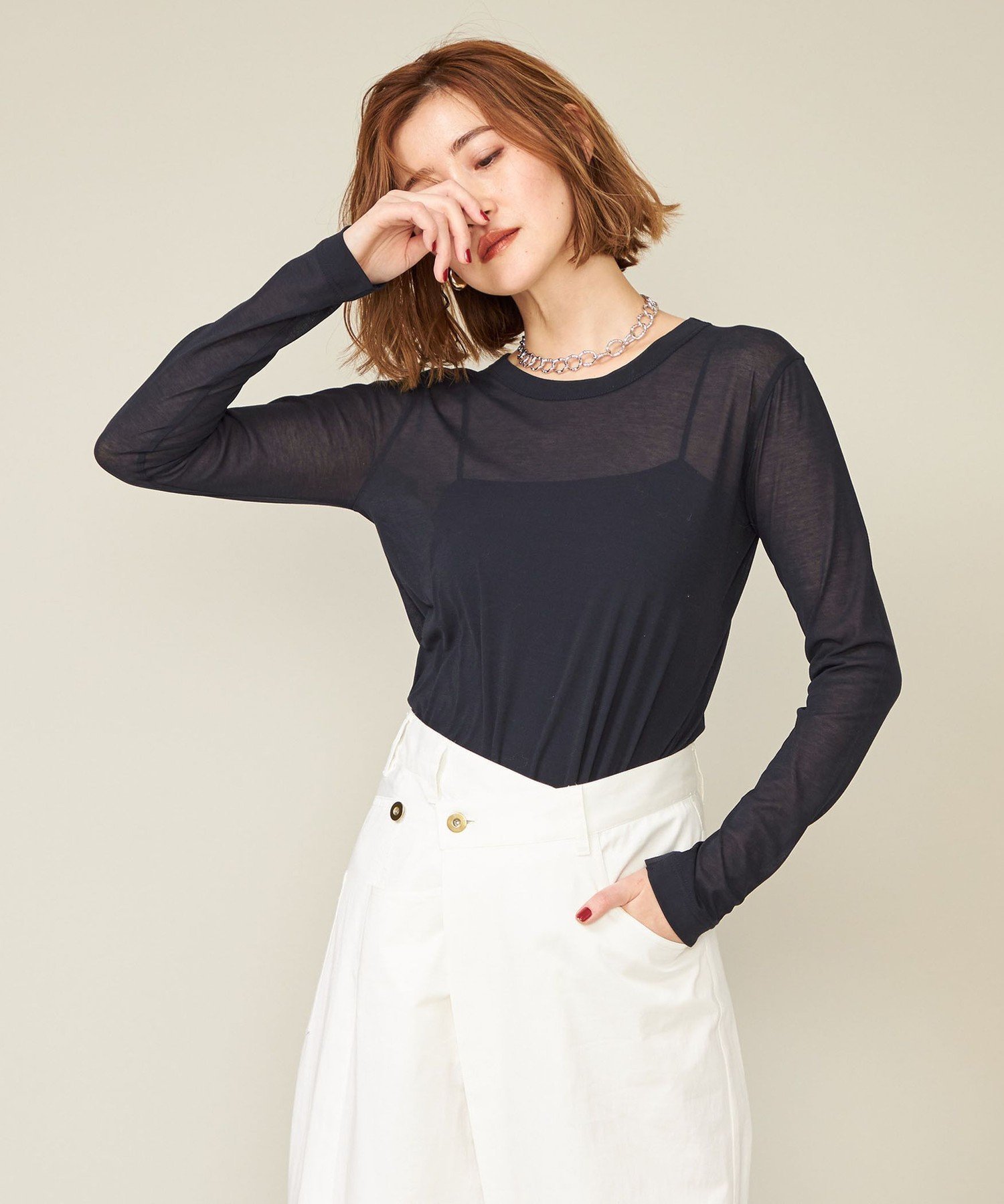 【ユナイテッドアローズ/UNITED ARROWS】のconte コットン シアー クルーネックカットソー インテリア・キッズ・メンズ・レディースファッション・服の通販 founy(ファニー) 　ファッション　Fashion　レディースファッション　Fashion for Women　トップス・カットソー　Cut & Sew Tops　カットソー・ベーシックTシャツ　Cut-and-Sewn Tops / Stretch Tees & Basics　シアー　Sheer, See-Through　シンプル　Simple, Minimal　ジャケット　Jacket, Outerwear　ロング　Long, Long-Length　NAVY|ID: prp329100004632229 ipo3291000000033335464