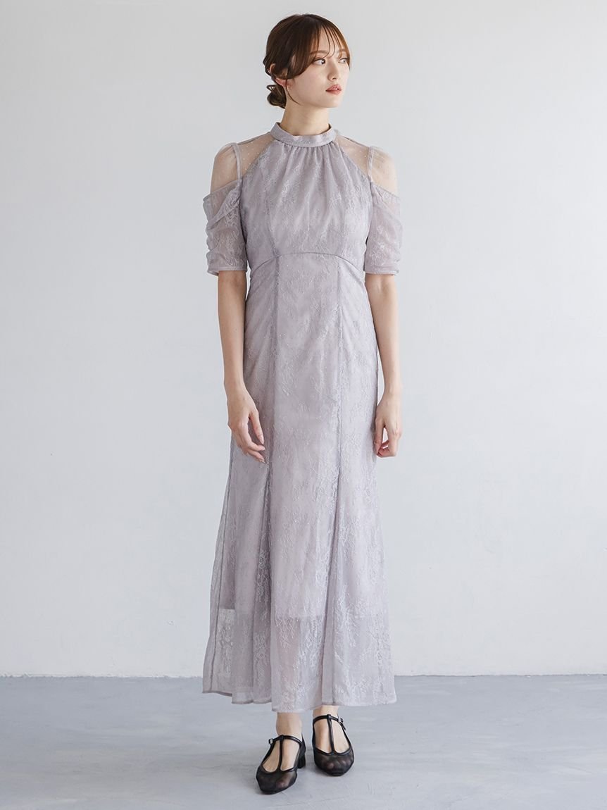 【スナイデル/SNIDEL】のシアーショルダーレースドレス インテリア・キッズ・メンズ・レディースファッション・服の通販 founy(ファニー) 　ファッション　Fashion　レディースファッション　Fashion for Women　ワンピース　Dresses　フォーマル・パーティードレス・結婚式用ドレス　Elegant & Casual Dresses　ウェーブ　Wavy Pattern　エレガント 上品　Elegant　今季　This Season, Current Season　チュール　Tulip, Tulip Motif　デコルテ　Décolleté, Neckline　ドット　Polka Dot, Dot Pattern　ドレス　Dress, One-Piece　フレア　Flare, Flared　無地　Plain, Solid Color　レース　Lace, Lace Fabric　ロマンティック　Romantic, Feminine Style　おすすめ　Recommended / Our Picks　LGRY[005]|ID: prp329100004632279 ipo3291000000033336263