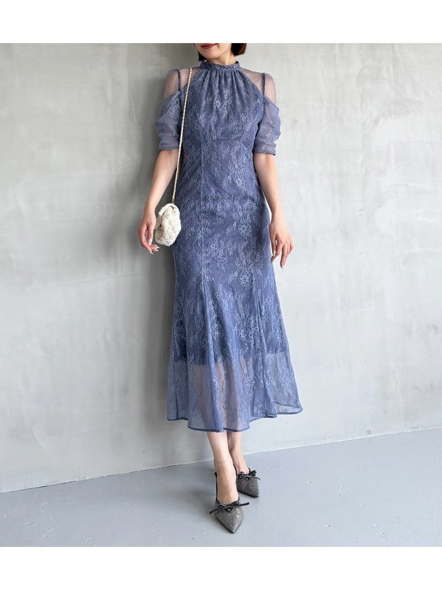 【スナイデル/SNIDEL】のシアーショルダーレースドレス インテリア・キッズ・メンズ・レディースファッション・服の通販 founy(ファニー) 　ファッション　Fashion　レディースファッション　Fashion for Women　ワンピース　Dresses　フォーマル・パーティードレス・結婚式用ドレス　Elegant & Casual Dresses　ウェーブ　Wavy Pattern　エレガント 上品　Elegant　今季　This Season, Current Season　チュール　Tulip, Tulip Motif　デコルテ　Décolleté, Neckline　ドット　Polka Dot, Dot Pattern　ドレス　Dress, One-Piece　フレア　Flare, Flared　無地　Plain, Solid Color　レース　Lace, Lace Fabric　ロマンティック　Romantic, Feminine Style　おすすめ　Recommended / Our Picks　DBLU[087]|ID: prp329100004632279 ipo3291000000033336265