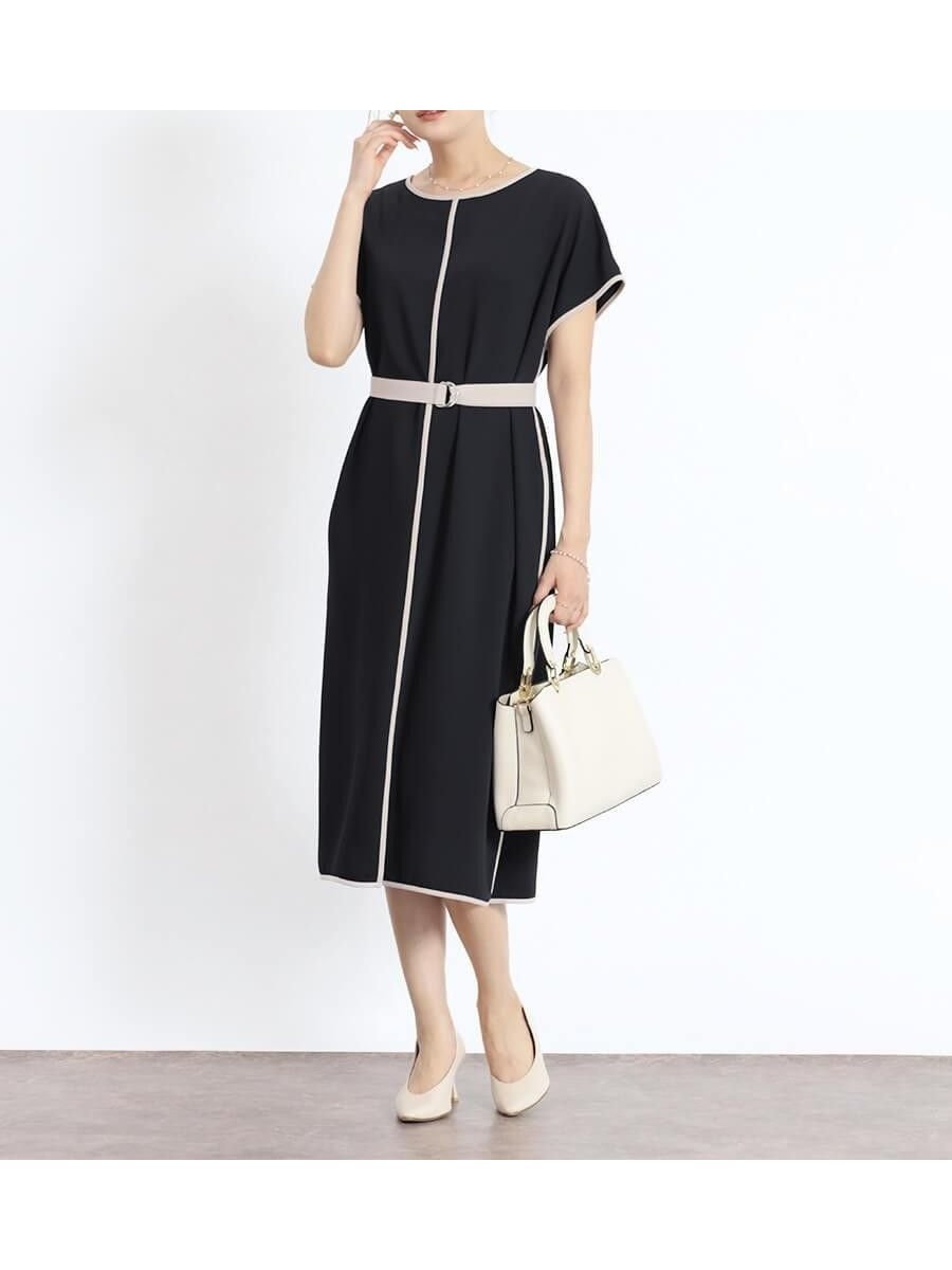 【ヴァン/Vin】のベルト付き配色パイピングワンピース インテリア・キッズ・メンズ・レディースファッション・服の通販 founy(ファニー) 　ファッション　Fashion　レディースファッション　Fashion for Women　ワンピース　Dresses　ベルト&ウエストマーク　Belts & Waist Accessories　アクセサリー　Fashion Accessories　スリーブ　Sleeve, Long Sleeve / Short Sleeve　ダウン　Down, Puffer　ダブル　Double, Double-Breasted　パイピング　Piping, Trim Design　フレンチ　French, French Style　ブラック|ID: prp329100004632337 ipo3291000000033336802