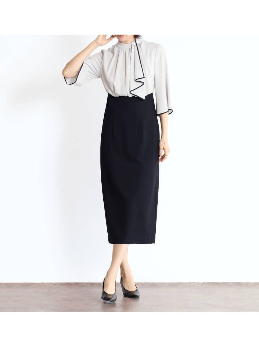 【ヴァン/Vin】のジャガードコンビワンピース インテリア・キッズ・メンズ・レディースファッション・服の通販 founy(ファニー) 　ファッション　Fashion　レディースファッション　Fashion for Women　ワンピース　Dresses　エレガント 上品　Elegant　コンビ　Combo, Combination Style　ジョーゼット　Georgette, Semi-Sheer Fabric　スカーフ　Scarf, Neckwear　ドレープ　Drape, Draping Fabric　フィット　Fit, Slim Fit　ペンシル　Pencil, Pencil Skirt　ライトグレー|ID: prp329100004632339 ipo3291000000033427351