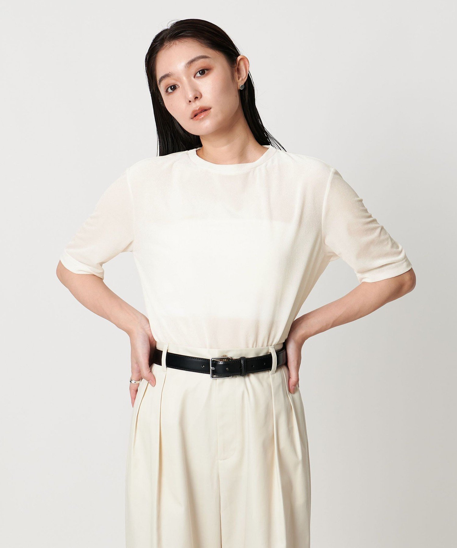 【ユナイテッドアローズ/UNITED ARROWS】のMARW UNITED ARROWS シアー ベロア カットソー インテリア・キッズ・メンズ・レディースファッション・服の通販 founy(ファニー) 　ファッション　Fashion　レディースファッション　Fashion for Women　トップス・カットソー　Cut & Sew Tops　カットソー・ベーシックTシャツ　Cut-and-Sewn Tops / Stretch Tees & Basics　ベロアトップス　Velour Tops / Velvet-Look Items　カットソー　Cut and Sewn Top　シアー　Sheer, See-Through　タイトスカート　Pencil Skirt, Tight Skirt　人気　Popular, Best Seller　ベロア　Velour, Soft Velvet　ワイド　Wide, Wide Fit　ビジネス 仕事 通勤　Business / Work / Commuting　OFF WHITE|ID: prp329100004633471 ipo3291000000033352976
