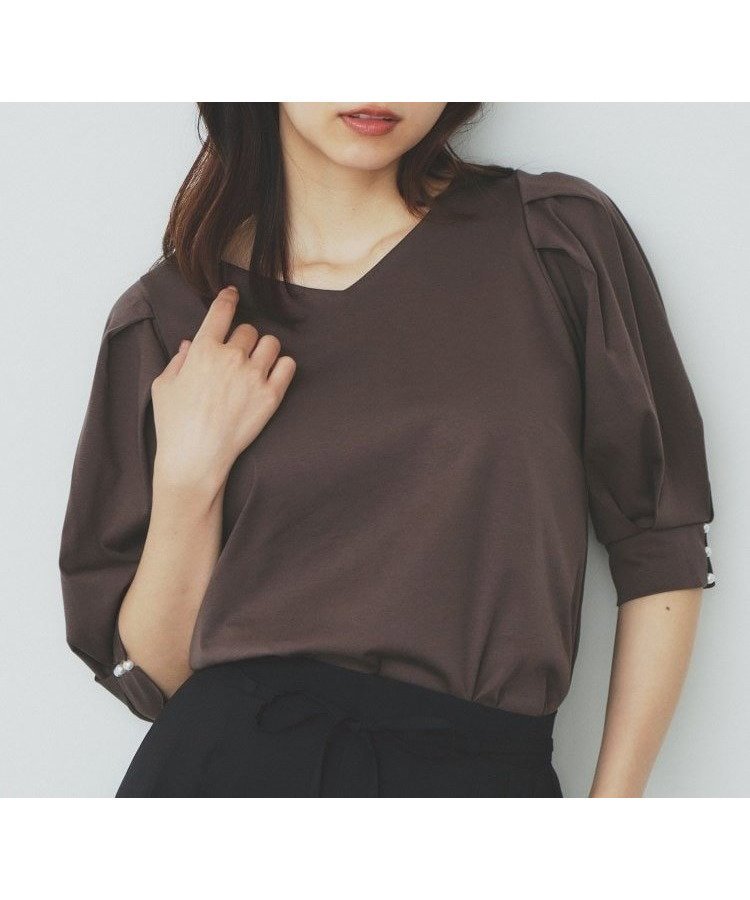【インデックス/INDEX】の《5色展開》Vネックタックパフスリーブトップス【洗濯機洗い可/UVケア/接触冷感】 インテリア・キッズ・メンズ・レディースファッション・服の通販 founy(ファニー) 　ファッション　Fashion　レディースファッション　Fashion for Women　トップス・カットソー　Cut & Sew Tops　Vネックトップス　V-Neck Tops / V-Cut Neckline Shirts　エレガント 上品　Elegant　シルケット　Silket, Silky Cotton　シンプル　Simple, Minimal　パール　Pearl, Pearl Accent　ブラウン|ID: prp329100004633809 ipo3291000000033544592