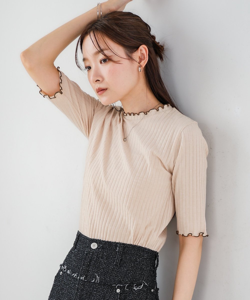 【バブ ブージュルード/Bab Bou Jeloud】のウェーブメローハーフスリーブリブカットソー 人気、トレンドファッション・服の通販 founy(ファニー) 　ファッション　Fashion　レディースファッション　Fashion for Women　トップス・カットソー　Cut & Sew Tops　カットソー・ベーシックTシャツ　Cut-and-Sewn Tops / Stretch Tees & Basics　インナー　Innerwear　カットソー　Cut and Sewn Top　シンプル　Simple, Minimal　フェミニン　Feminine, Girly　ボトム　Bottoms, Lower Wear　エレガント 上品　Elegant　 other-1|ID: prp329100004633902 ipo3291000000033624643