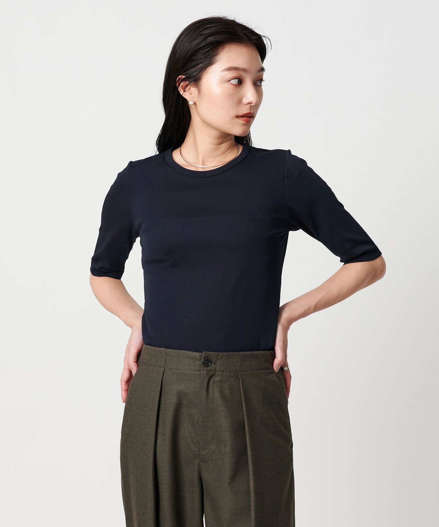 【ユナイテッドアローズ/UNITED ARROWS】のMARW UNITED ARROWS コットン フライス 5分袖 カットソー-接触冷感- インテリア・キッズ・メンズ・レディースファッション・服の通販 founy(ファニー) 　ファッション　Fashion　レディースファッション　Fashion for Women　トップス・カットソー　Cut & Sew Tops　カットソー・ベーシックTシャツ　Cut-and-Sewn Tops / Stretch Tees & Basics　カットソー　Cut and Sewn Top　人気　Popular, Best Seller　モノトーン　Monotone, Black and White　ビジネス 仕事 通勤　Business / Work / Commuting　NAVY|ID: prp329100004633926 ipo3291000000033361305