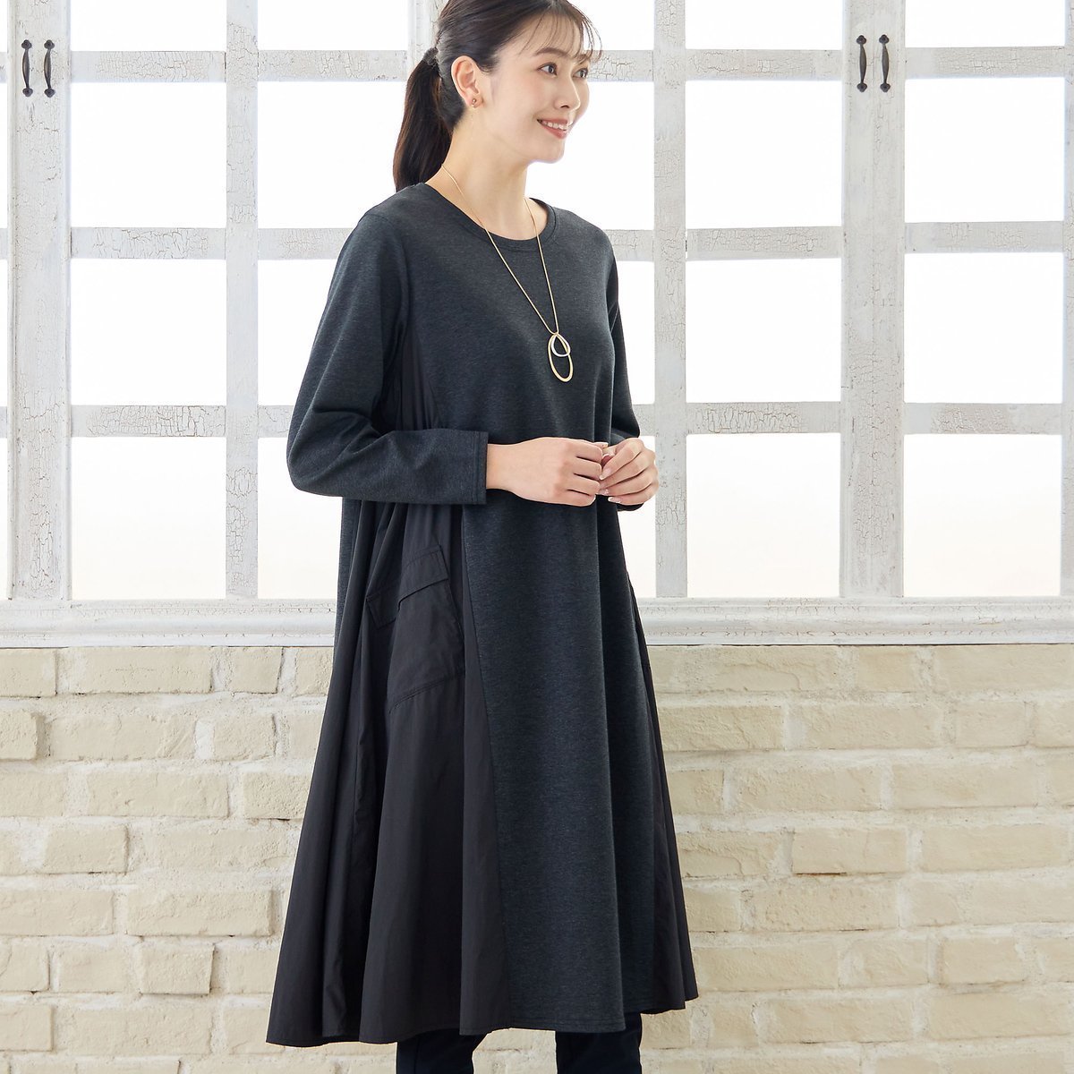 【ミゼール/MISSEL】の【洗える・3L/4Lサイズあり】タフタドッキングワンピース インテリア・キッズ・メンズ・レディースファッション・服の通販 founy(ファニー) 　ファッション　Fashion　レディースファッション　Fashion for Women　ワンピース　Dresses　タフタ　Taffeta, Structured Fabric　ポケット　Pocket, Pocket Detail　人気　Popular, Best Seller　夏　Summer　洗える　Machine Washable　A/W・秋冬　Autumn/Winter　長袖　Long Sleeve, Full Sleeve　グレー|ID: prp329100004634179 ipo3291000000033364289