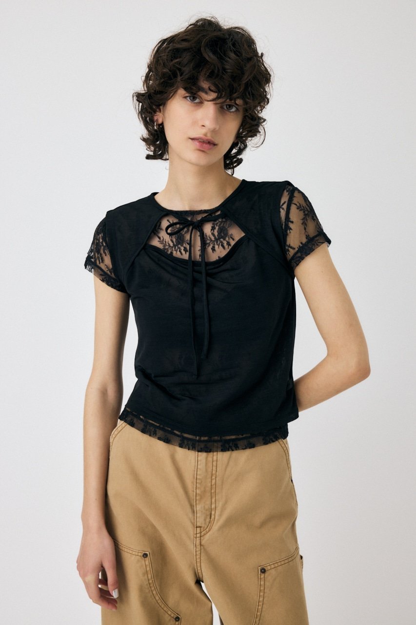 【マウジー/moussy】のLACE LAYERED OPEN NECK トップス インテリア・キッズ・メンズ・レディースファッション・服の通販 founy(ファニー) 　ファッション　Fashion　レディースファッション　Fashion for Women　トップス・カットソー　Cut & Sew Tops　おすすめ　Recommended / Our Picks　カットソー　Cut and Sewn Top　シアー　Sheer, See-Through　スウェット / スエット　Sweatshirt, Sweatwear　デニム　Denim, Jeans Material　レース　Lace, Lace Fabric　人気　Popular, Best Seller　再入荷　Restock / Back in Stock　BLK|ID: prp329100004634230 ipo3291000000033648535