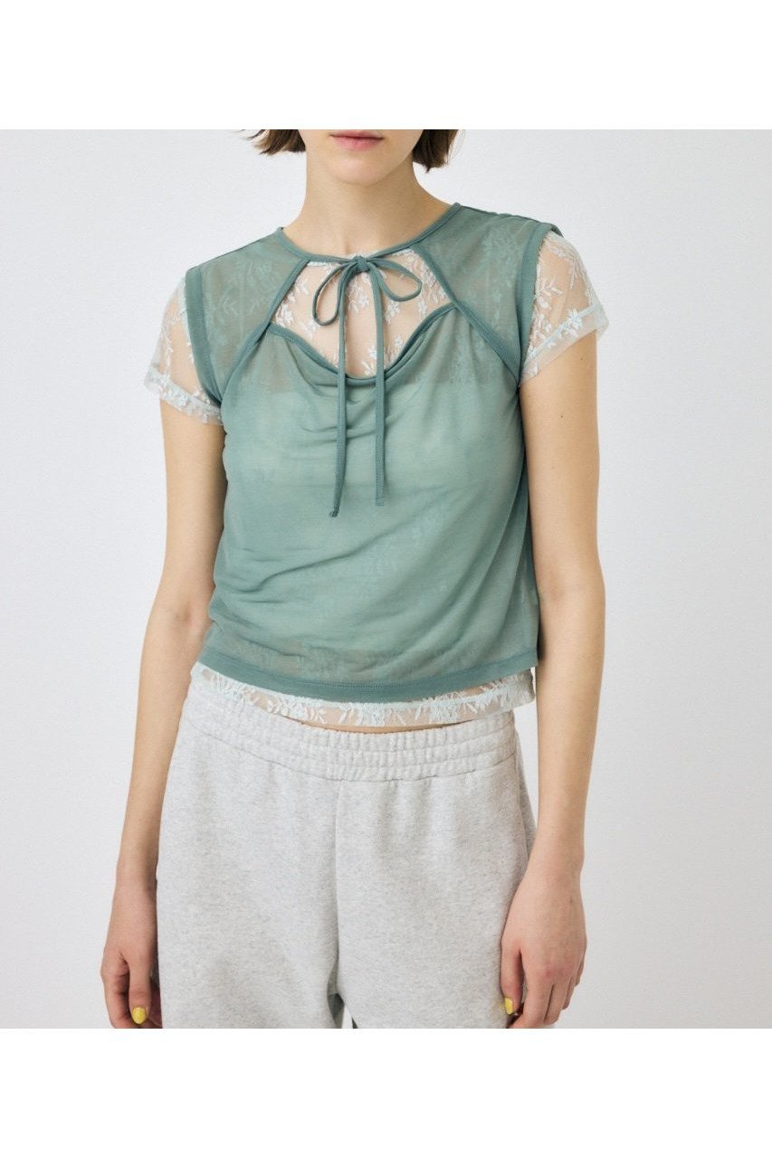 【マウジー/moussy】のLACE LAYERED OPEN NECK トップス インテリア・キッズ・メンズ・レディースファッション・服の通販 founy(ファニー) 　ファッション　Fashion　レディースファッション　Fashion for Women　トップス・カットソー　Cut & Sew Tops　おすすめ　Recommended / Our Picks　カットソー　Cut and Sewn Top　シアー　Sheer, See-Through　スウェット / スエット　Sweatshirt, Sweatwear　デニム　Denim, Jeans Material　レース　Lace, Lace Fabric　人気　Popular, Best Seller　再入荷　Restock / Back in Stock　L/BLU1|ID: prp329100004634230 ipo3291000000033648538