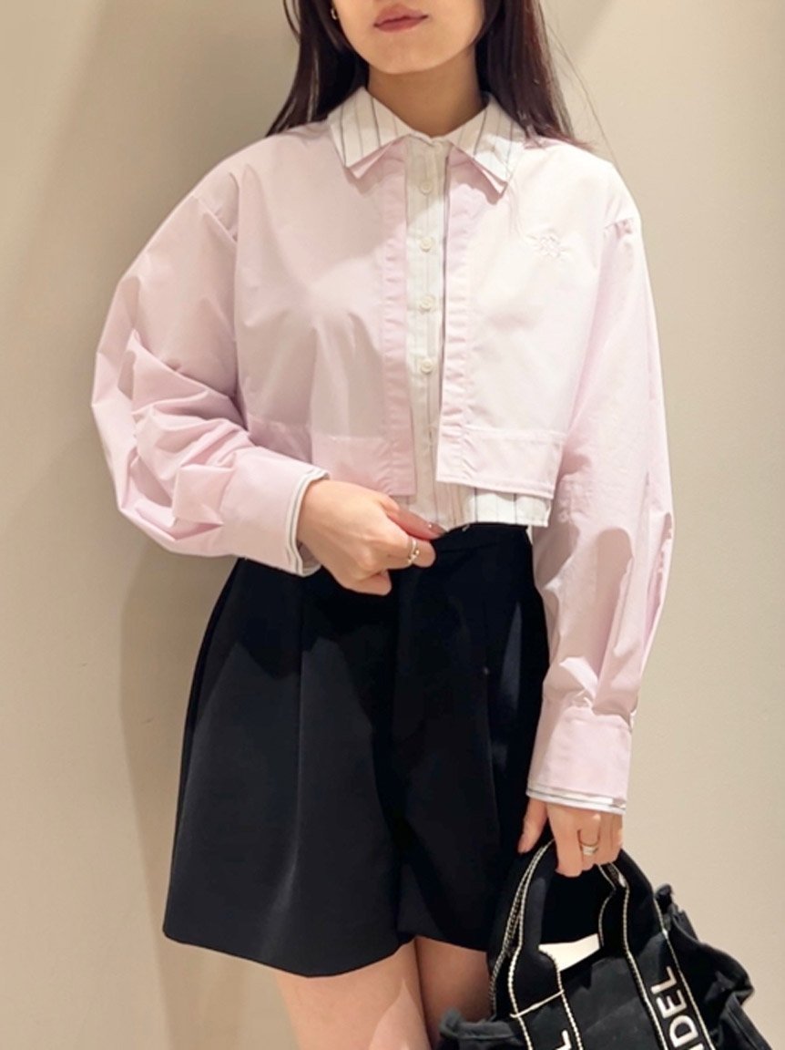 【スナイデル/SNIDEL】のSustainableレイヤードクロップドシャツ インテリア・キッズ・メンズ・レディースファッション・服の通販 founy(ファニー) 　ファッション　Fashion　レディースファッション　Fashion for Women　トップス・カットソー　Cut & Sew Tops　シャツ・ブラウス・オフィスカジュアル　Elegant Blouses & Button-Ups　イエロー　Yellow　春　Spring　クロップド　Cropped, Short Length　今季　This Season, Current Season　ストライプ　Stripe, Striped Pattern　チュニック　Tunic, Long Top　トレンド　Trend, Trending Now　パープル　Purple, Violet　フェミニン　Feminine, Girly　無地　Plain, Solid Color　エレガント 上品　Elegant　PNK[066]|ID: prp329100004634239 ipo3291000000033461478