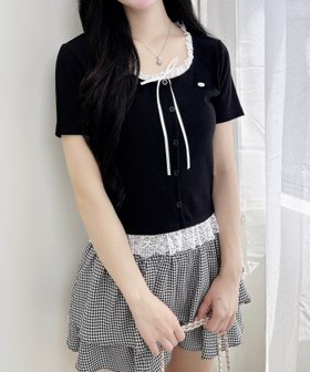 【イング/INGNI】のINGNI/リボン付レースレイヤード風リブTOPs 人気、トレンドファッション・服の通販 founy(ファニー) ファッション Fashion レディースファッション Fashion for Women トップス・カットソー Cut & Sew Tops リボン Ribbon, Bow レース Lace, Lace Fabric ロマンティック Romantic, Feminine Style |ID:prp329100004634824