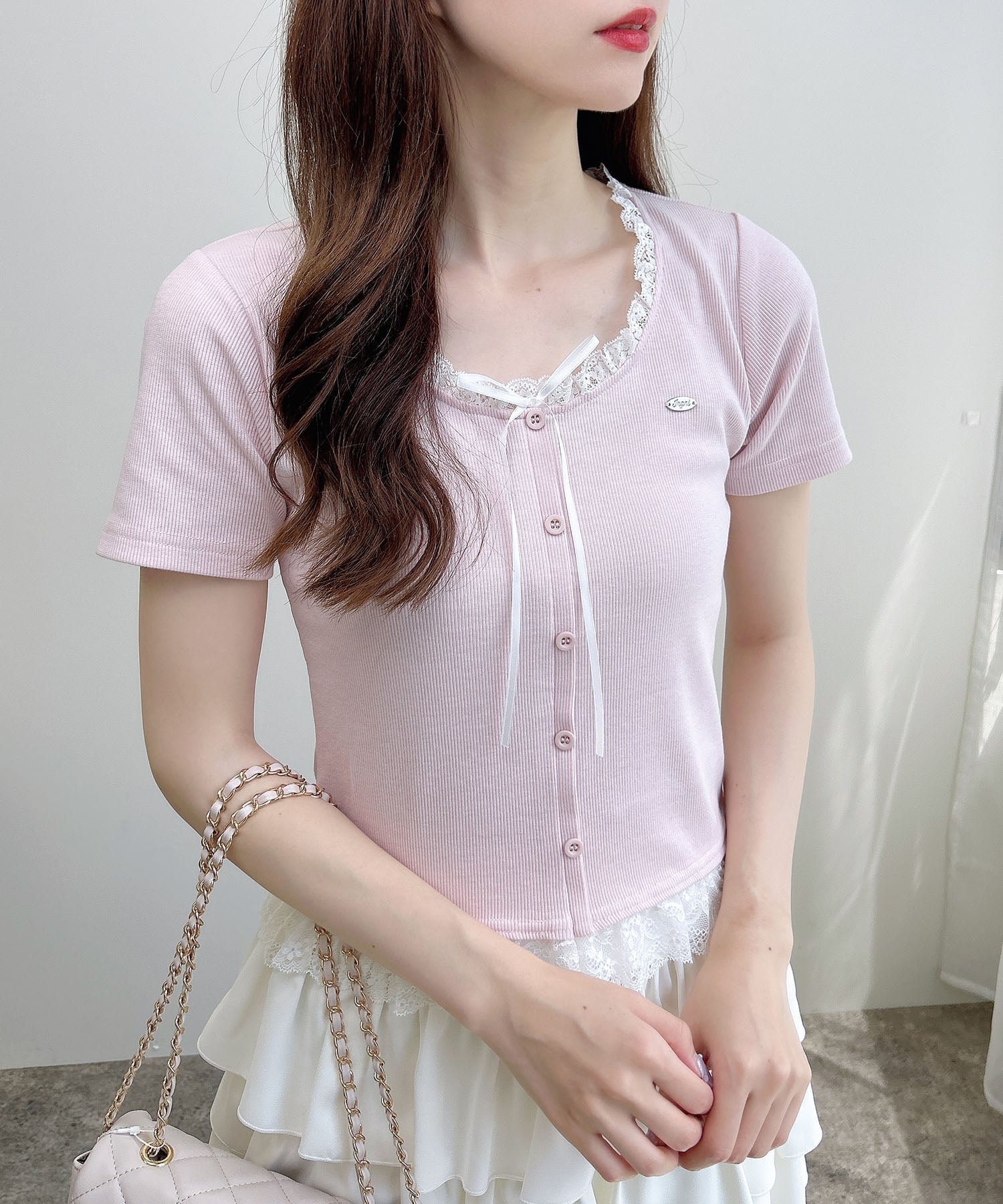 【イング/INGNI】のINGNI/リボン付レースレイヤード風リブTOPs インテリア・キッズ・メンズ・レディースファッション・服の通販 founy(ファニー) 　ファッション　Fashion　レディースファッション　Fashion for Women　トップス・カットソー　Cut & Sew Tops　リボン　Ribbon, Bow　レース　Lace, Lace Fabric　ロマンティック　Romantic, Feminine Style　ピンク/オフホワイト|ID: prp329100004634824 ipo3291000000033398503