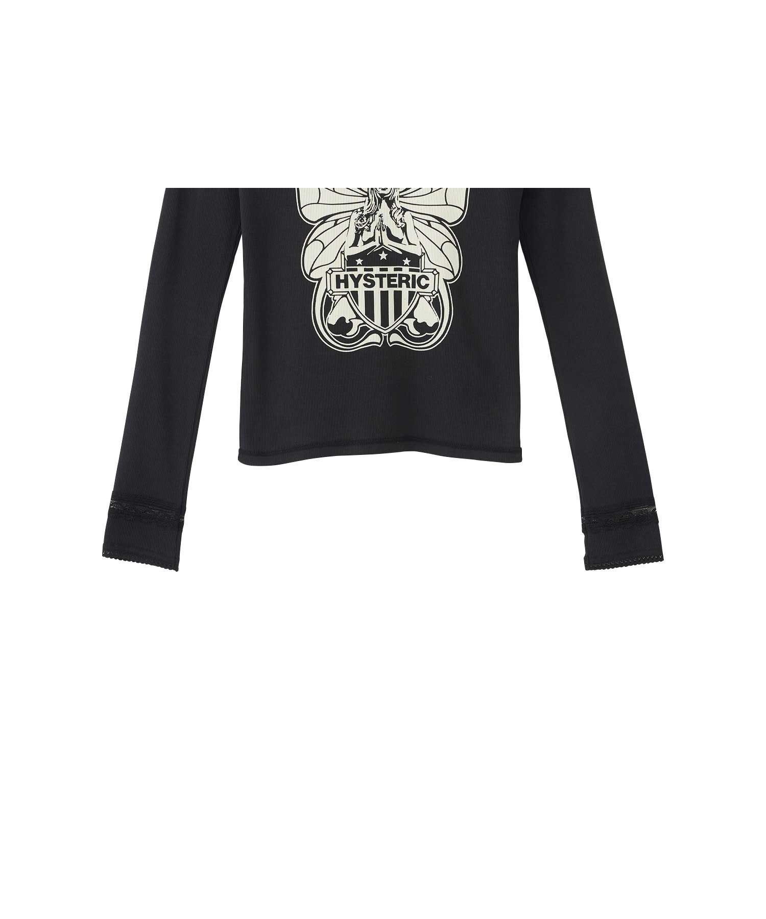 【ヒステリックグラマー/HYSTERIC GLAMOUR】のLEVITATED GIRL チビTシャツ インテリア・キッズ・メンズ・レディースファッション・服の通販 founy(ファニー) 　ファッション　Fashion　レディースファッション　Fashion for Women　トップス・カットソー　Cut & Sew Tops　シャツ・ブラウス・オフィスカジュアル　Elegant Blouses & Button-Ups　ロングTシャツ・Tシャツ　Longline T-Shirts & Tees　クラシック　Classic, Timeless Style　コンパクト　Compact, Small Size　スーピマ　Supima, Premium Cotton　フロント　Front, Front Design　モチーフ　Motif, Design Theme　レース　Lace, Lace Fabric　エレガント 上品　Elegant　ブラック|ID: prp329100004634952 ipo3291000000033571338