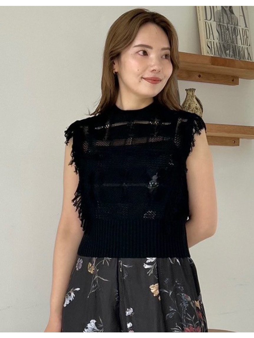 【フレイ アイディー/FRAY I.D】のチェックジャカードニットトップス インテリア・キッズ・メンズ・レディースファッション・服の通販 founy(ファニー) 　ファッション　Fashion　レディースファッション　Fashion for Women　トップス・カットソー　Cut & Sew Tops　ニット　Knit Tops & Sweaters　インナー　Innerwear　カットジャガード　Cut Jacquard　キャミソール　Camisole, Spaghetti Strap Top　ジャカード／ジャガード　Jacquard, Woven Pattern　チェック　Check, Plaid, Tartan　トレンド　Trend, Trending Now　ノースリーブ　Sleeveless, No-Sleeve　ハイネック　High Neck, Mock Neck　バランス　Balance, Style Balance　フリンジ　Fringe, Tassel　メッシュ　Mesh, Net Fabric　秋　Autumn　BLK[009]|ID: prp329100004634958 ipo3291000000033374723
