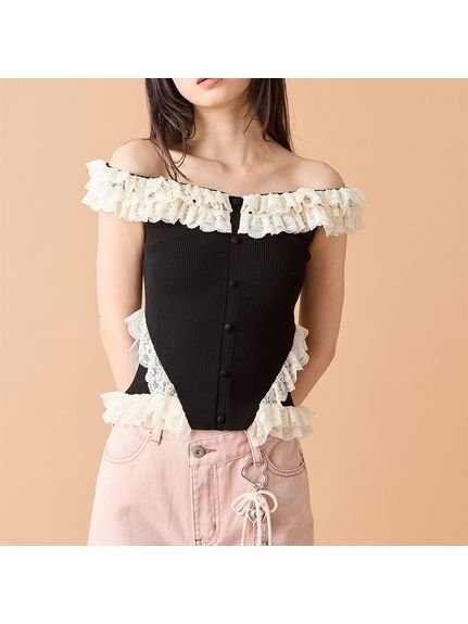 【リリーブラウン/Lily Brown】の【限定カラー】レースフリルニットトップス インテリア・キッズ・メンズ・レディースファッション・服の通販 founy(ファニー) 　ファッション　Fashion　レディースファッション　Fashion for Women　トップス・カットソー　Cut & Sew Tops　ニット　Knit Tops & Sweaters　BLK[009]|ID: prp329100004635094 ipo3291000000033377265