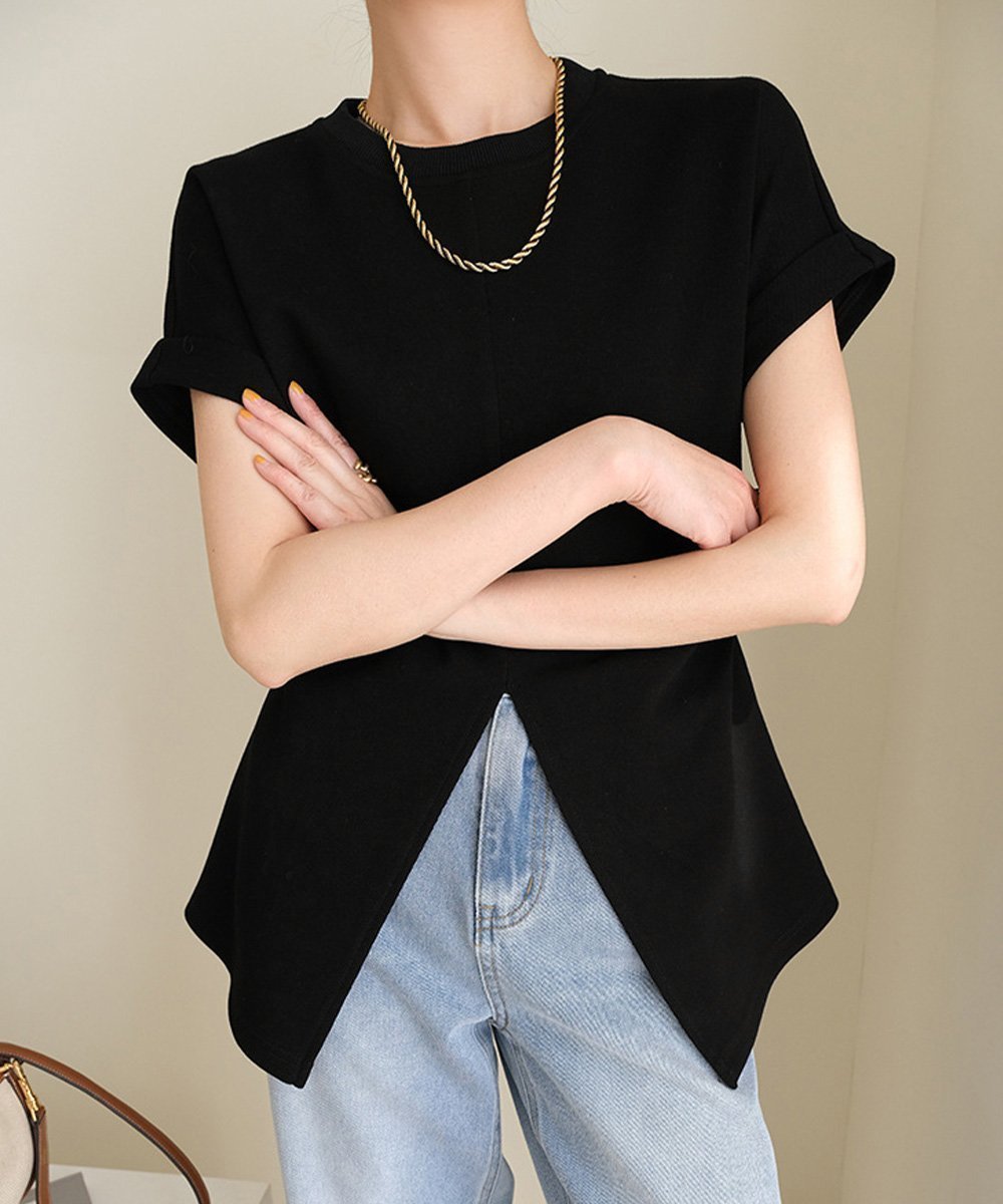 【ミニミニストア/miniministore】のフロントスリットtシャツレディース韓国風 人気、トレンドファッション・服の通販 founy(ファニー) 　ファッション　Fashion　レディースファッション　Fashion for Women　トップス・カットソー　Cut & Sew Tops　シャツ・ブラウス・オフィスカジュアル　Elegant Blouses & Button-Ups　ロングTシャツ・Tシャツ　Longline T-Shirts & Tees　カットソー　Cut and Sewn Top　ギャザー　Gathered, Ruffled　シンプル　Simple, Minimal　スリット　Slit, Slit Detail　フロント　Front, Front Design　モノトーン　Monotone, Black and White　ロング　Long, Long-Length　半袖　Short Sleeve, Half Sleeve　夏　Summer　春　Spring　S/S・春夏　SS, Spring/Summer, Warm Season　無地　Plain, Solid Color　 other-1|ID: prp329100004635293 ipo3291000000033522518