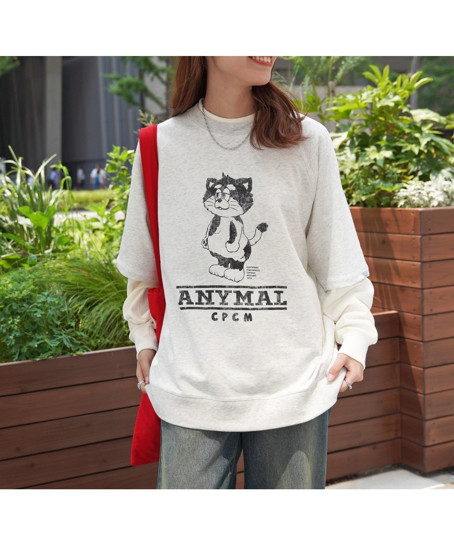 【シーピーシーエム/CPCM】の【ANYMAL】レイヤードロンT インテリア・キッズ・メンズ・レディースファッション・服の通販 founy(ファニー) 　ファッション　Fashion　レディースファッション　Fashion for Women　トップス・カットソー　Cut & Sew Tops　ロングTシャツ・Tシャツ　Longline T-Shirts & Tees　スウェット / スエット　Sweatshirt, Sweatwear　デニム　Denim, Jeans Material　トレンド　Trend, Trending Now　定番　Standard, Basic Item　ネコ　Cat, Feline Motif　プリント　Print, Printed Pattern　半袖　Short Sleeve, Half Sleeve　リラックス　Relax, Relaxed Fit　ロング　Long, Long-Length　ワイド　Wide, Wide Fit　グレー|ID: prp329100004635505 ipo3291000000033977602