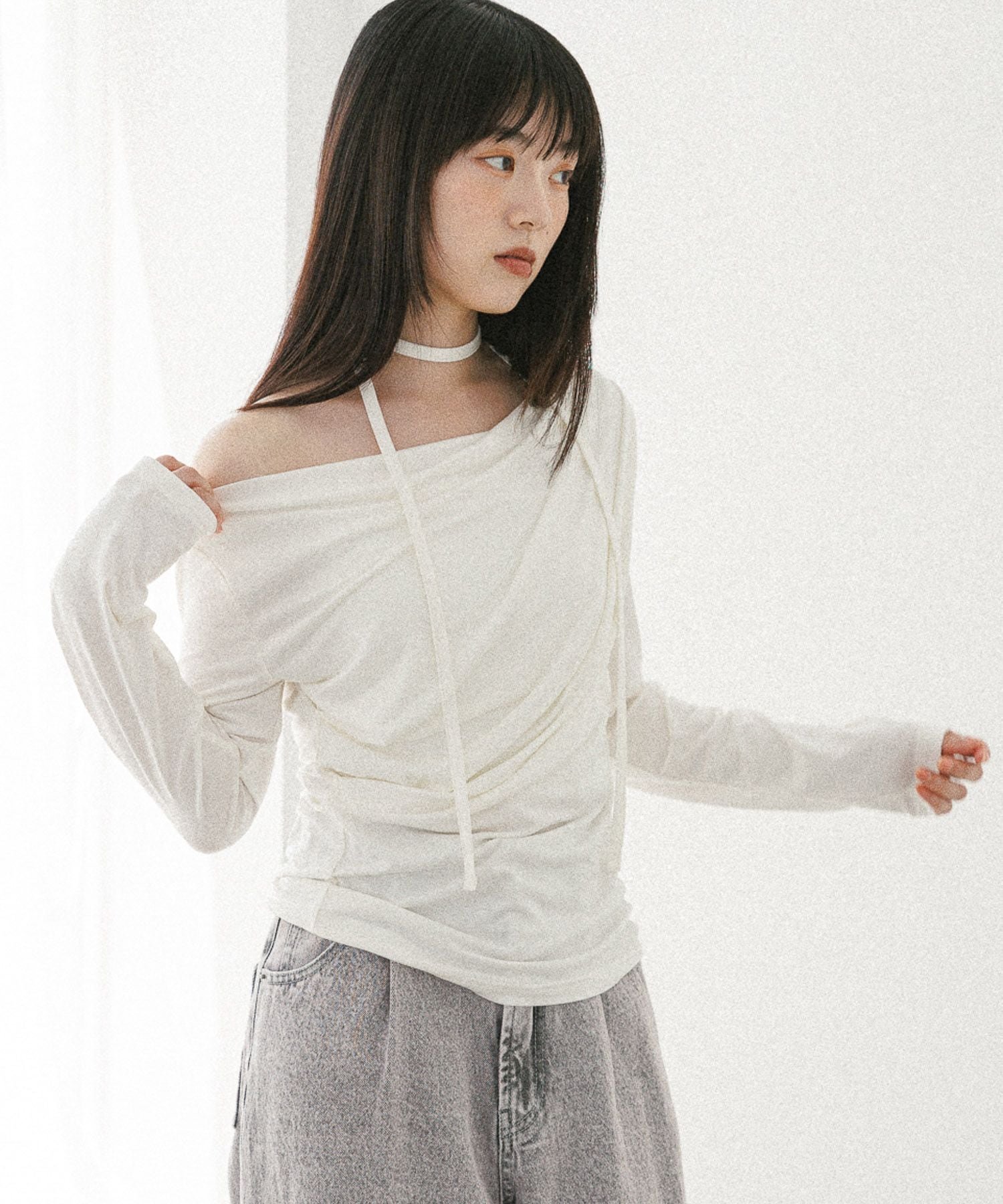 【ヘザー/Heather】のタイ付きドレープカットソー インテリア・キッズ・メンズ・レディースファッション・服の通販 founy(ファニー) 　ファッション　Fashion　レディースファッション　Fashion for Women　トップス・カットソー　Cut & Sew Tops　カットソー・ベーシックTシャツ　Cut-and-Sewn Tops / Stretch Tees & Basics　ショルダー　Shoulder, Shoulder Strap　ボトム　Bottoms, Lower Wear　ロング　Long, Long-Length　オフホワイト|ID: prp329100004635544 ipo3291000000033386232