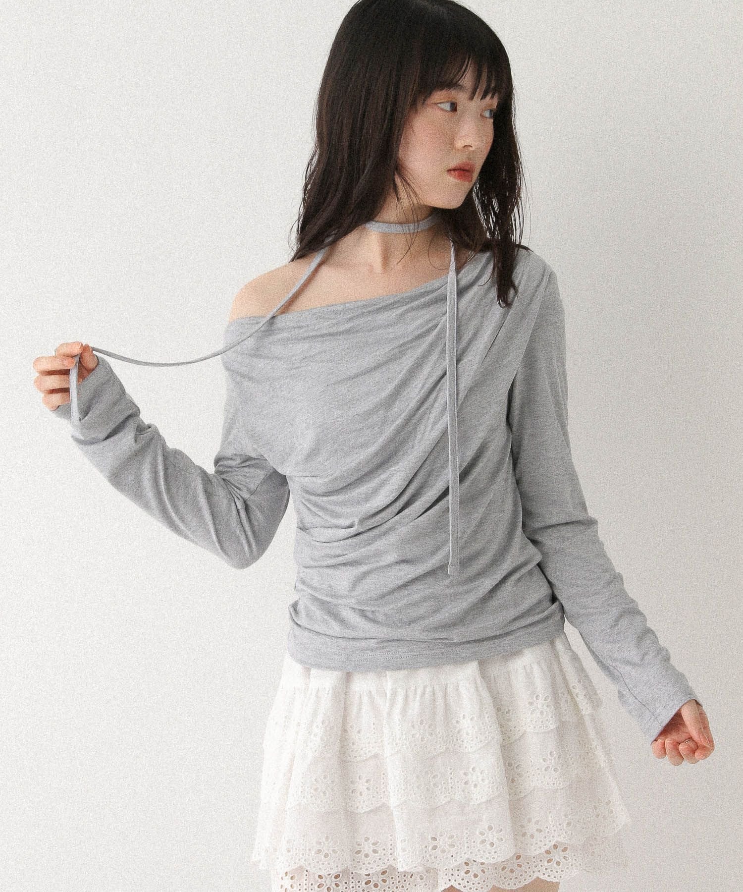 【ヘザー/Heather】のタイ付きドレープカットソー インテリア・キッズ・メンズ・レディースファッション・服の通販 founy(ファニー) 　ファッション　Fashion　レディースファッション　Fashion for Women　トップス・カットソー　Cut & Sew Tops　カットソー・ベーシックTシャツ　Cut-and-Sewn Tops / Stretch Tees & Basics　ショルダー　Shoulder, Shoulder Strap　ボトム　Bottoms, Lower Wear　ロング　Long, Long-Length　グレー|ID: prp329100004635544 ipo3291000000033386237