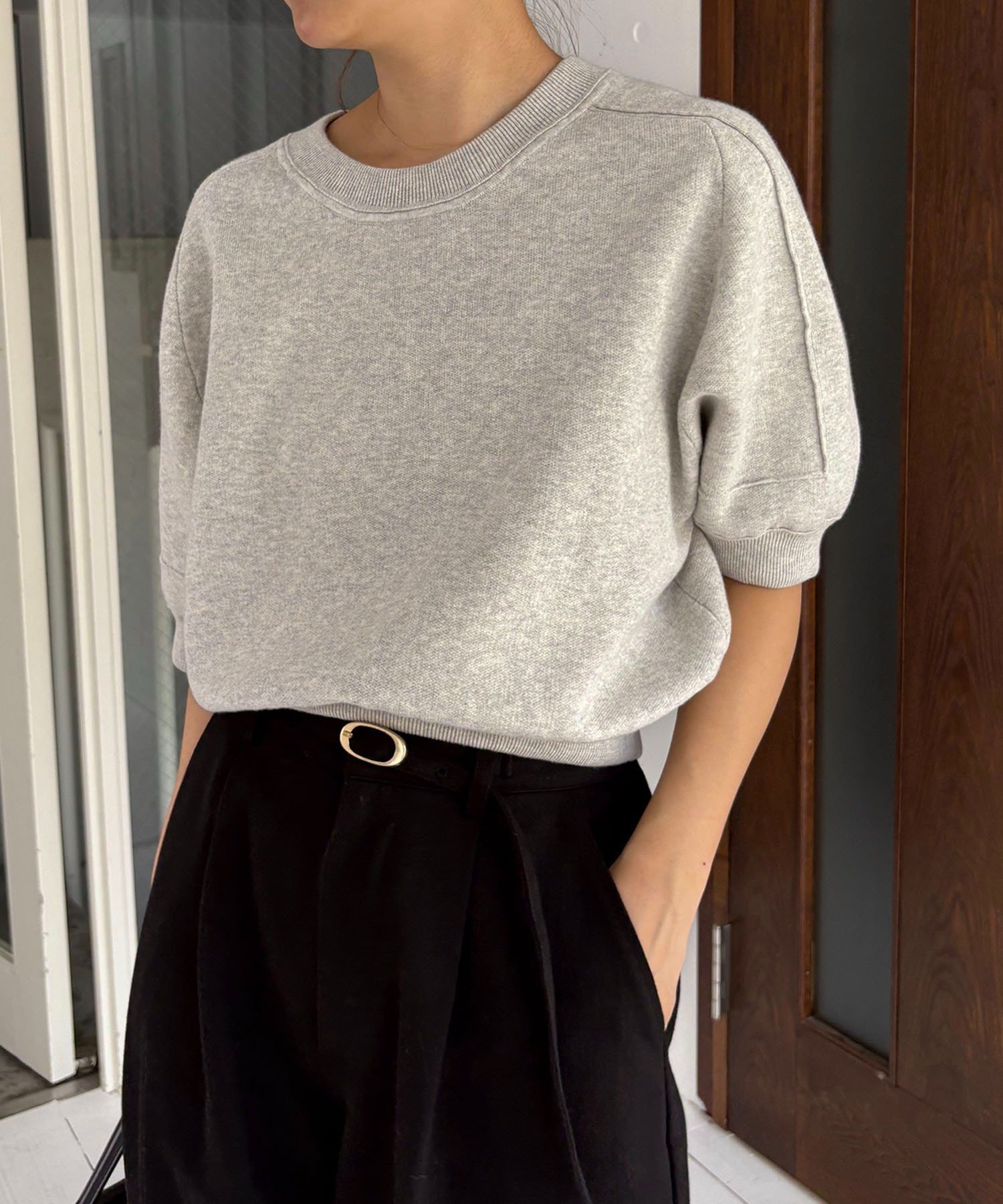 【カプリシューレマージュ/CAPRICIEUX LEMAGE】のスウェットライク半袖ニット 人気、トレンドファッション・服の通販 founy(ファニー) 　ファッション　Fashion　レディースファッション　Fashion for Women　トップス・カットソー　Cut & Sew Tops　ニット　Knit Tops & Sweaters　レディースパーカー・カジュアルフーディー　Casual Hoodies & Sweatshirts　スウェット・クルーネックトップス　Sweatshirts & Crewnecks / Relaxed Fit Sweat Tops　おすすめ　Recommended / Our Picks　シンプル　Simple, Minimal　スウェット / スエット　Sweatshirt, Sweatwear　スラックス　Slacks, Dress Pants　デニム　Denim, Jeans Material　バイアス　Bias, Diagonal Cut　バランス　Balance, Style Balance　エレガント 上品　Elegant　切替　Switching, Contrast Panel　半袖　Short Sleeve, Half Sleeve　 other-1|ID: prp329100004635669 ipo3291000000033798457