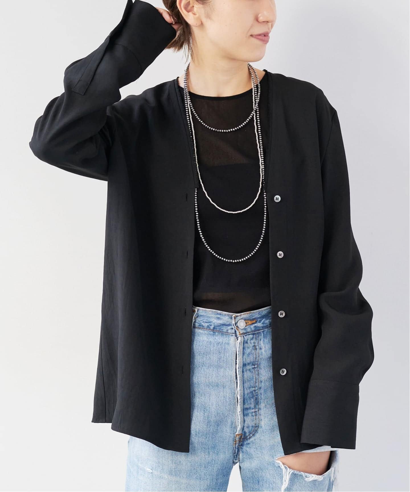 【プラージュ/Plage】の《追加 》R IAM ノーカラーシャツ インテリア・キッズ・メンズ・レディースファッション・服の通販 founy(ファニー) 　ファッション　Fashion　レディースファッション　Fashion for Women　トップス・カットソー　Cut & Sew Tops　シャツ・ブラウス・オフィスカジュアル　Elegant Blouses & Button-Ups　インナー　Innerwear　オックス　Oxford Fabric　カーディガン　Cardigan, Knitwear　ジャケット　Jacket, Outerwear　ジュエリー　Jewelry, Accessories　リラックス　Relax, Relaxed Fit　ブラック|ID: prp329100004635773 ipo3291000000033390987